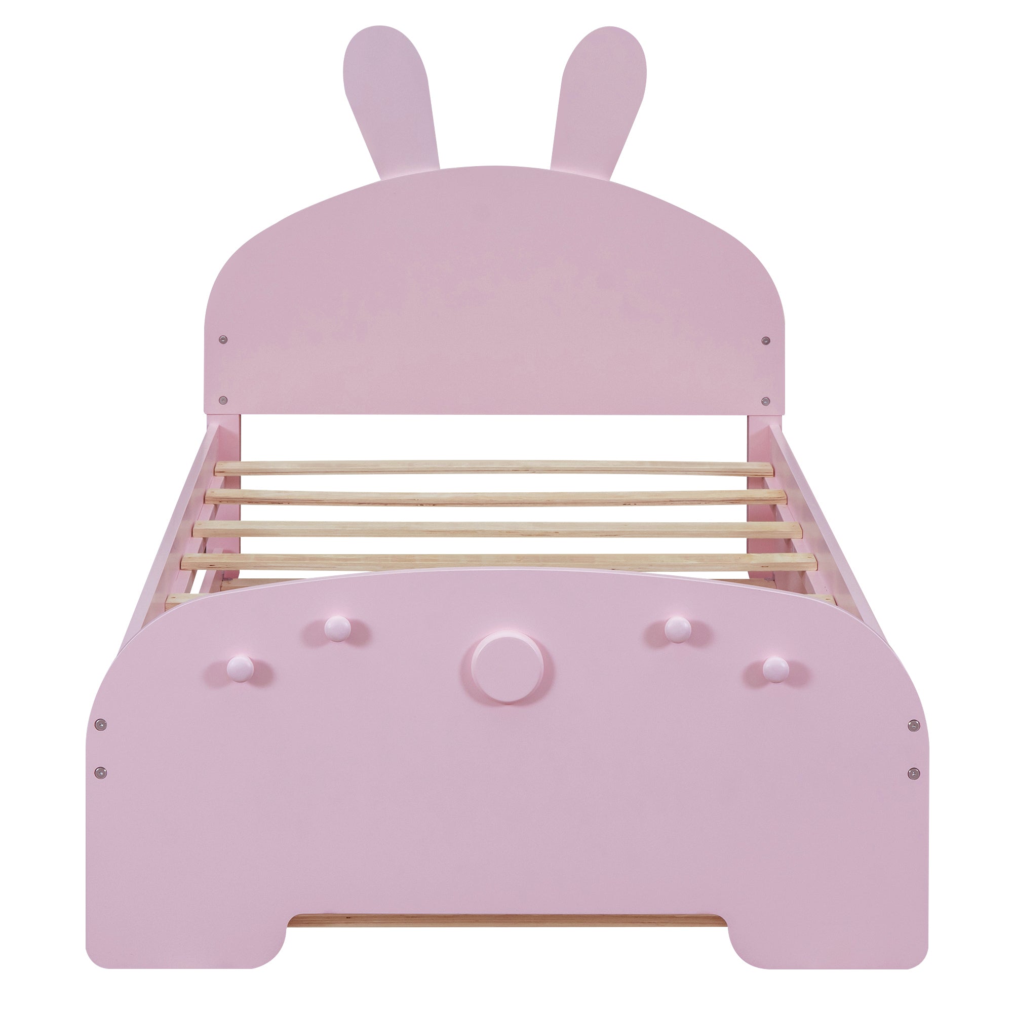 Wood Twin Size Platform Bed with Cartoon Ears Shaped Headboard and Trundle, Pink - Atlantic Fine Furniture Melbourne FL