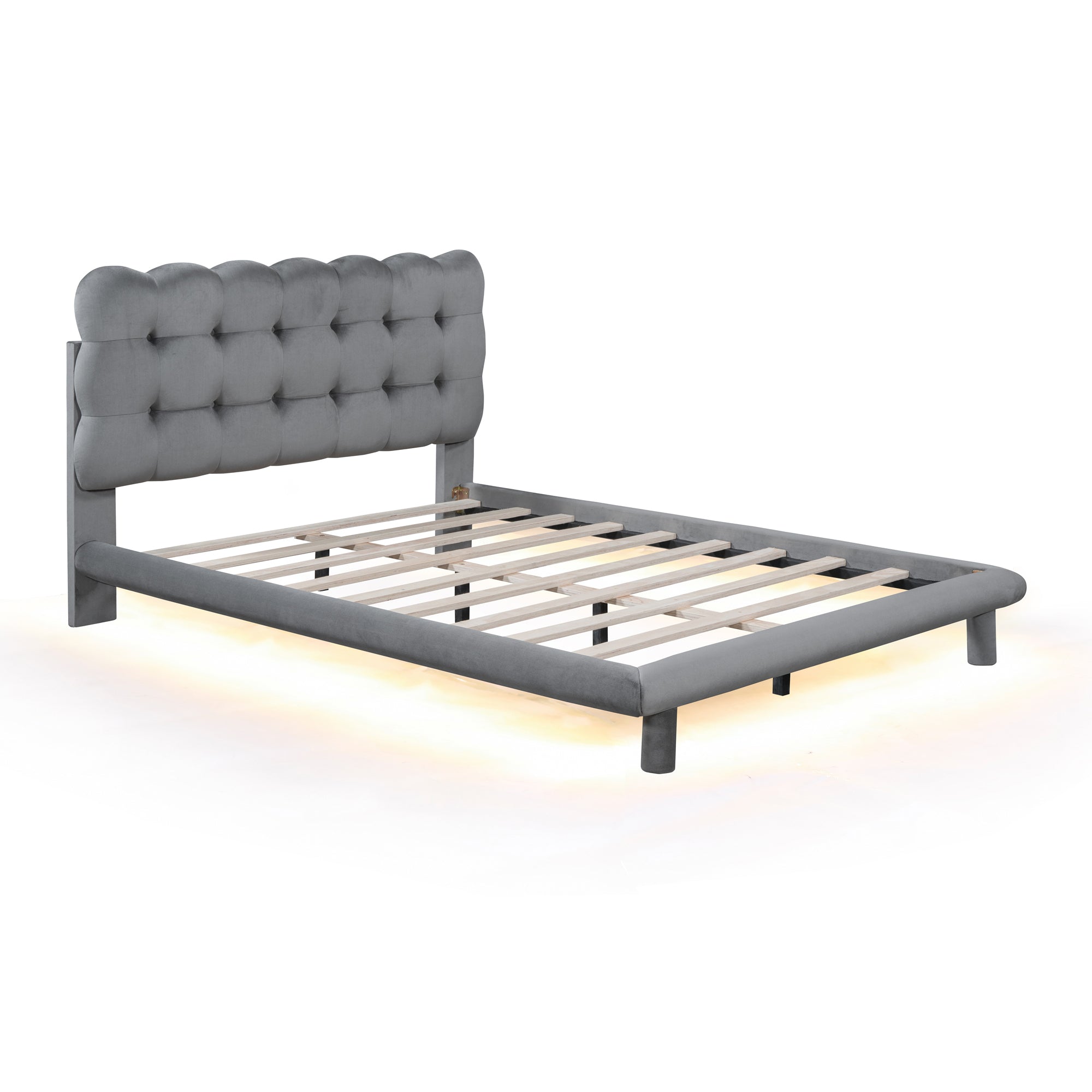 Full Size Velvet Platform Bed with LED Frame, Thick & Soft Fabric and Button-tufted Design Headboard, Gray - Atlantic Fine Furniture Melbourne FL