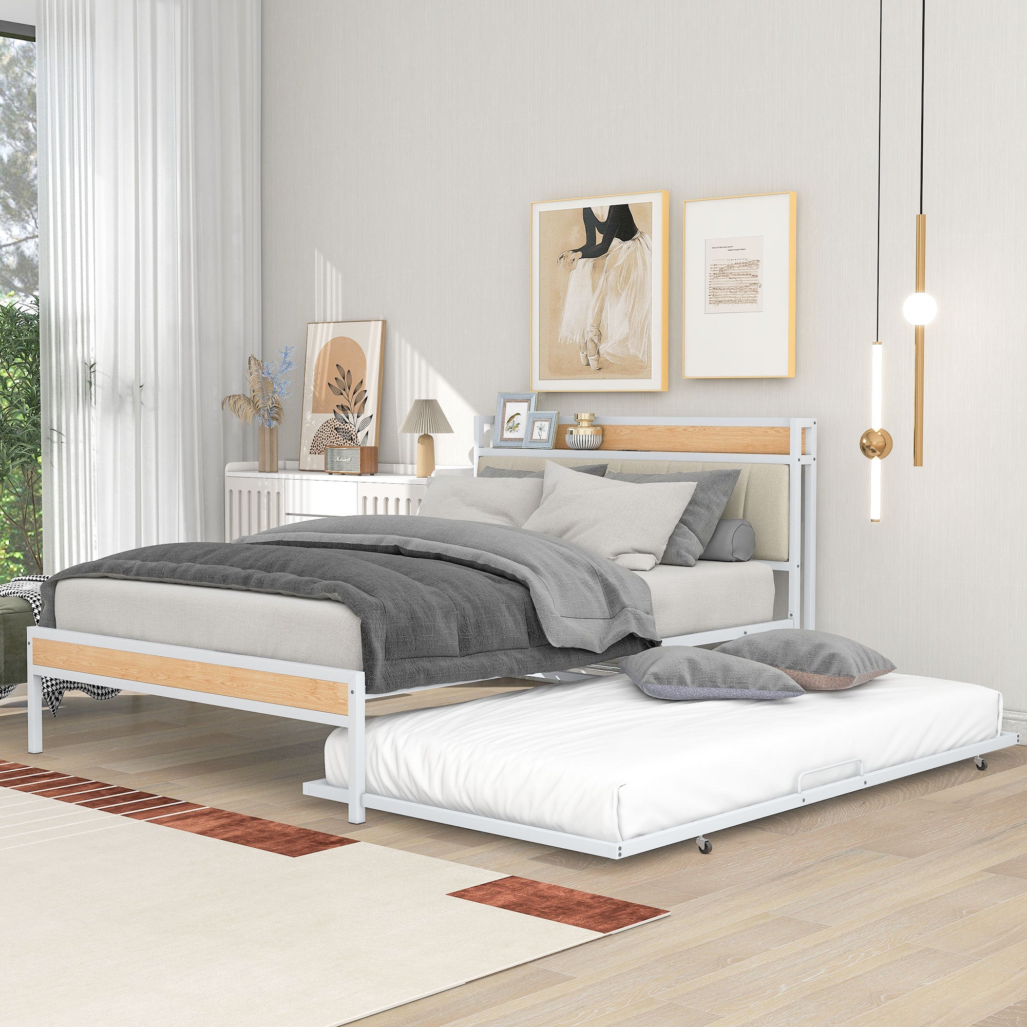 Full Size Metal Platform Bed Frame with Twin size trundle, Upholstered headboard, Sockets, USB Ports and Slat Support, No Box Spring Needed, White - Atlantic Fine Furniture Melbourne FL