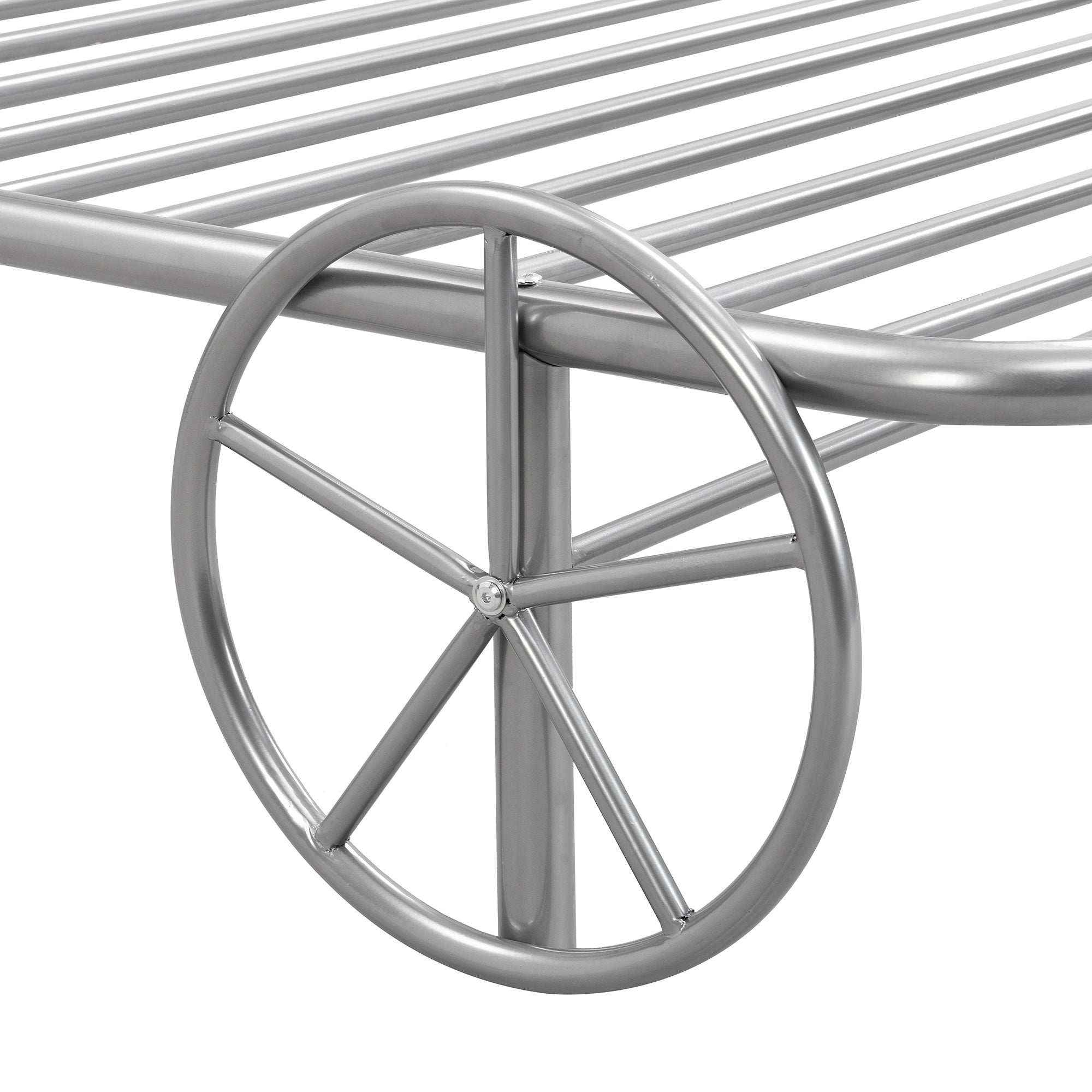 Twin Size Metal Car Bed with Four Wheels, Guardrails and X-Shaped Frame Shelf, Silver(Old SKU: MF297599AAN) - Atlantic Fine Furniture Melbourne FL