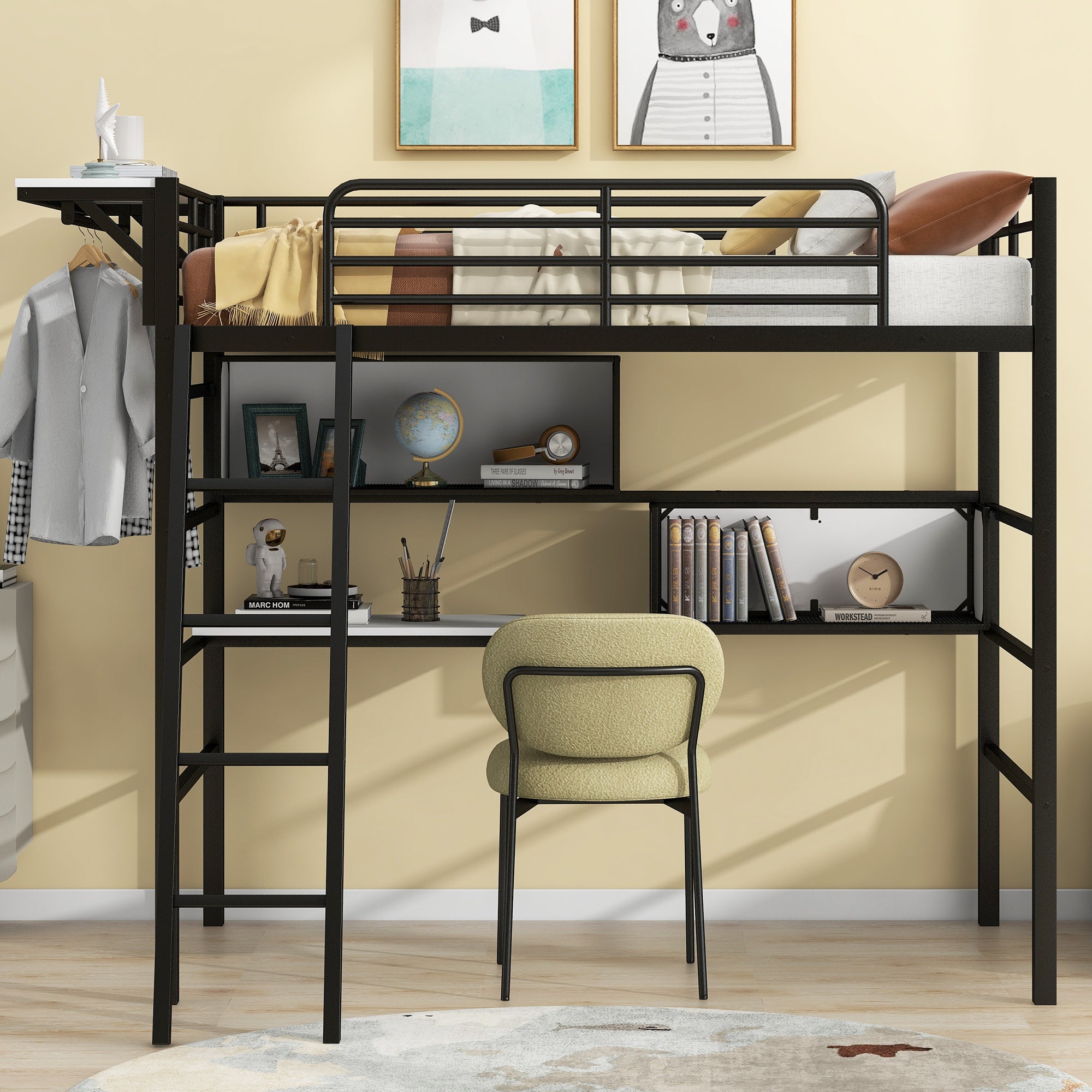 Twin Size Metal Loft Bed with 2 Shelves, a desk and a Hanging Clothes Rack, Black and White - Atlantic Fine Furniture Melbourne FL