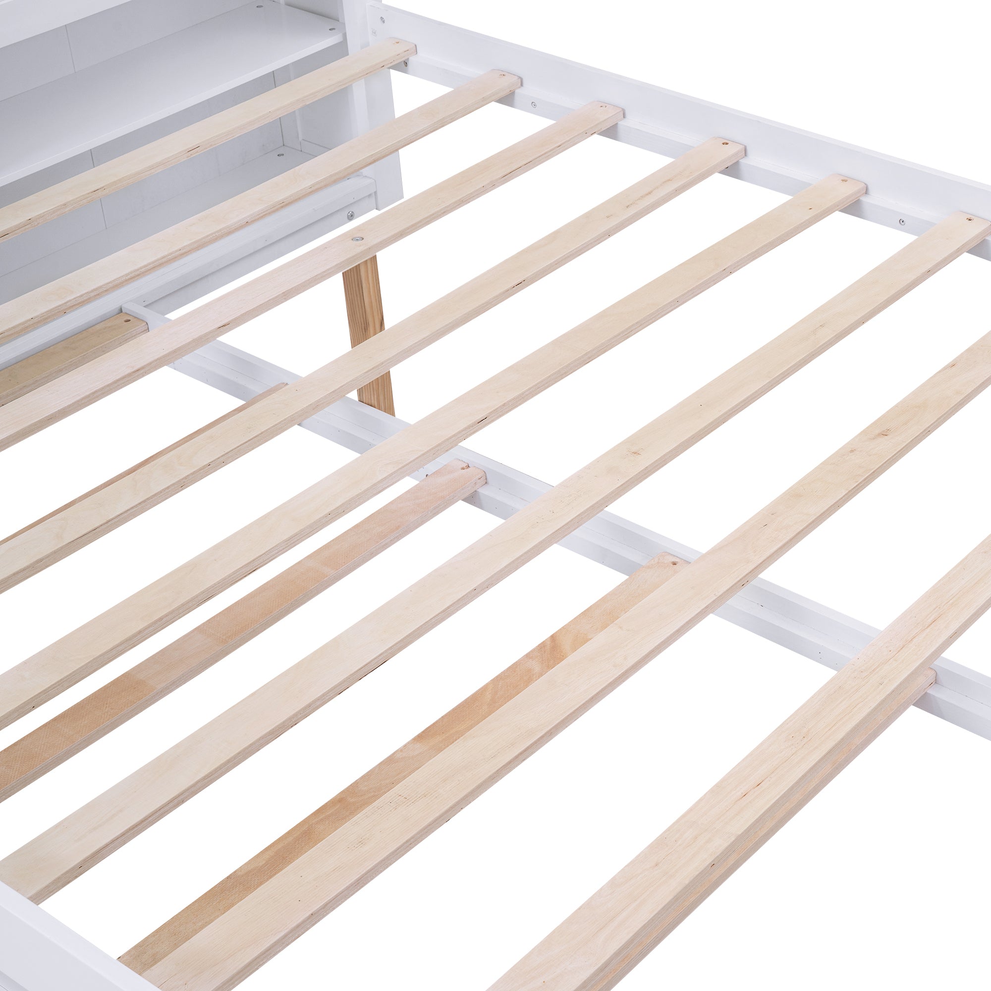 Queen Size Storage Platform Bed with Pull Out Shelves and Twin XL Size Trundle, White