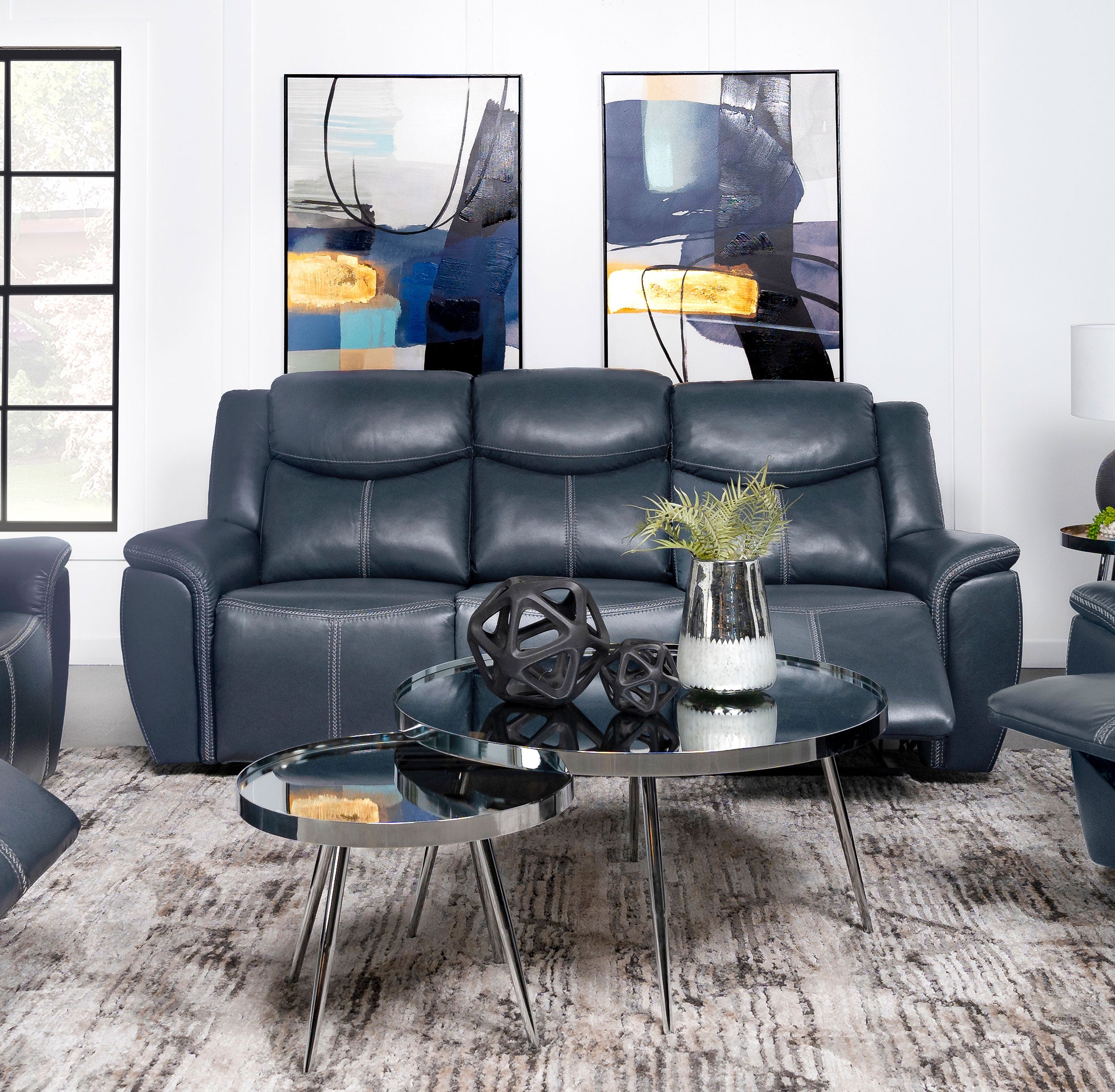 Sloane Upholstered Padded Arm Reclining Sofa Blue — view 2