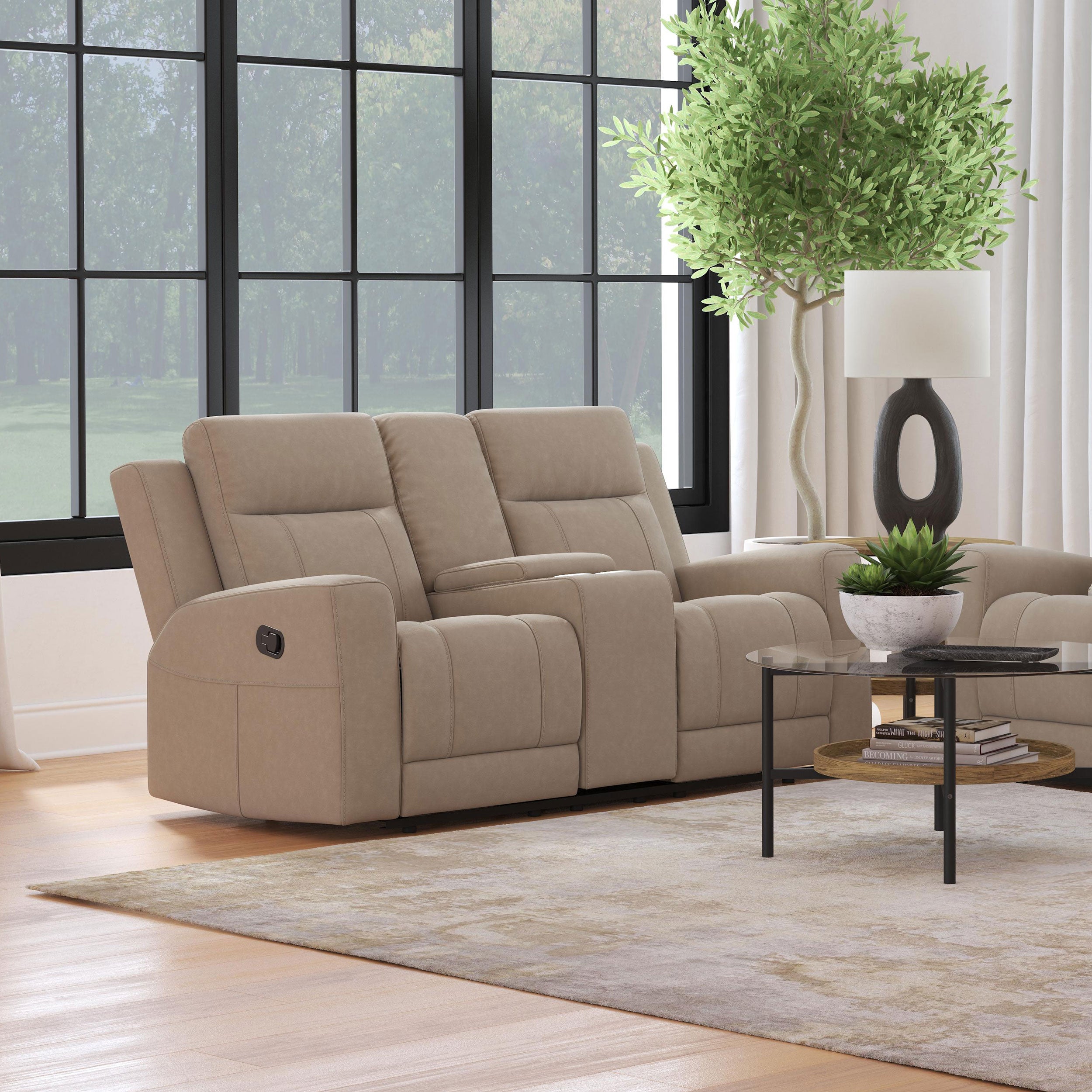 Brentwood Upholstered Motion Reclining Loveseat Taupe — view 2