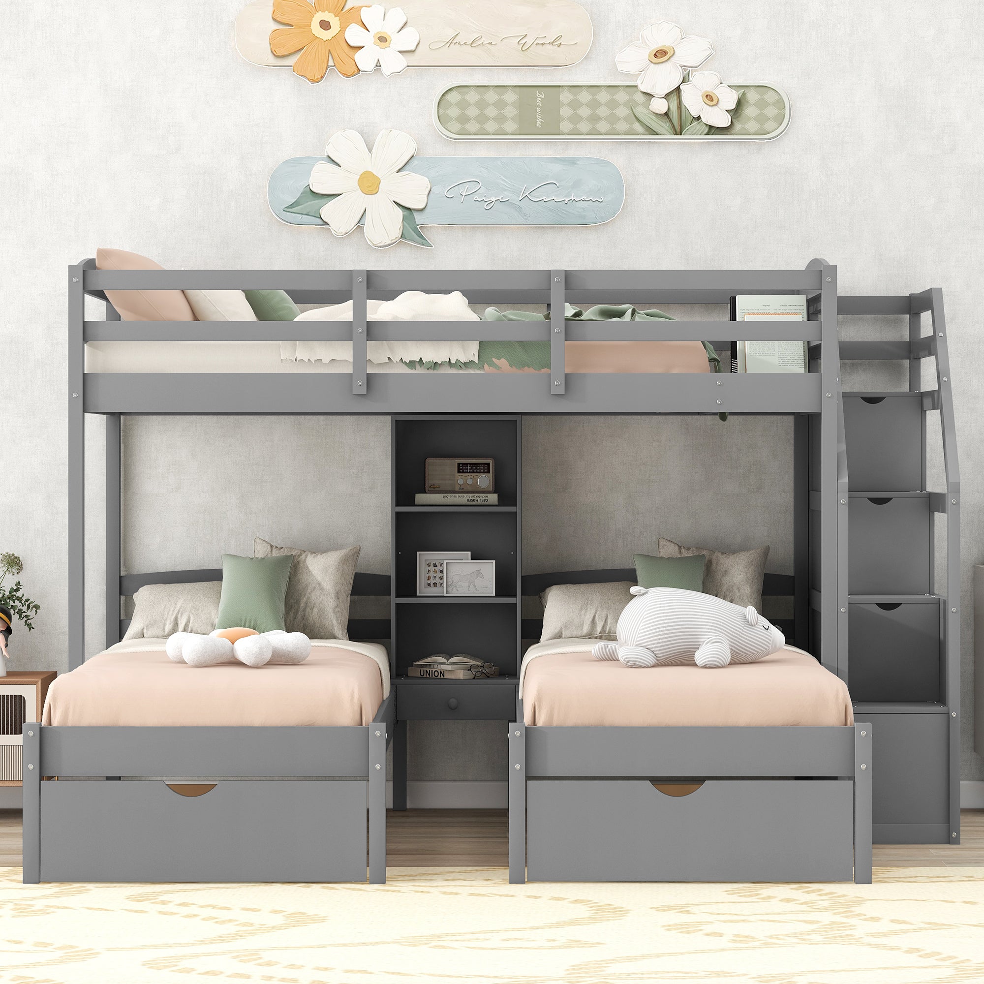 Twin over Twin&Twin Bunk Bed, Triple Bunk Bed with Drawers, Staircase with Storage, Built-in Shelves, Gray - Atlantic Fine Furniture Melbourne FL
