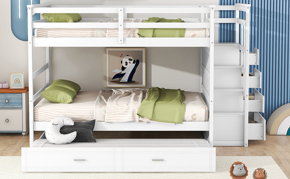Full Over Full Bunk Bed with Twin Size Trundle and Staircase, White - Atlantic Fine Furniture Melbourne FL