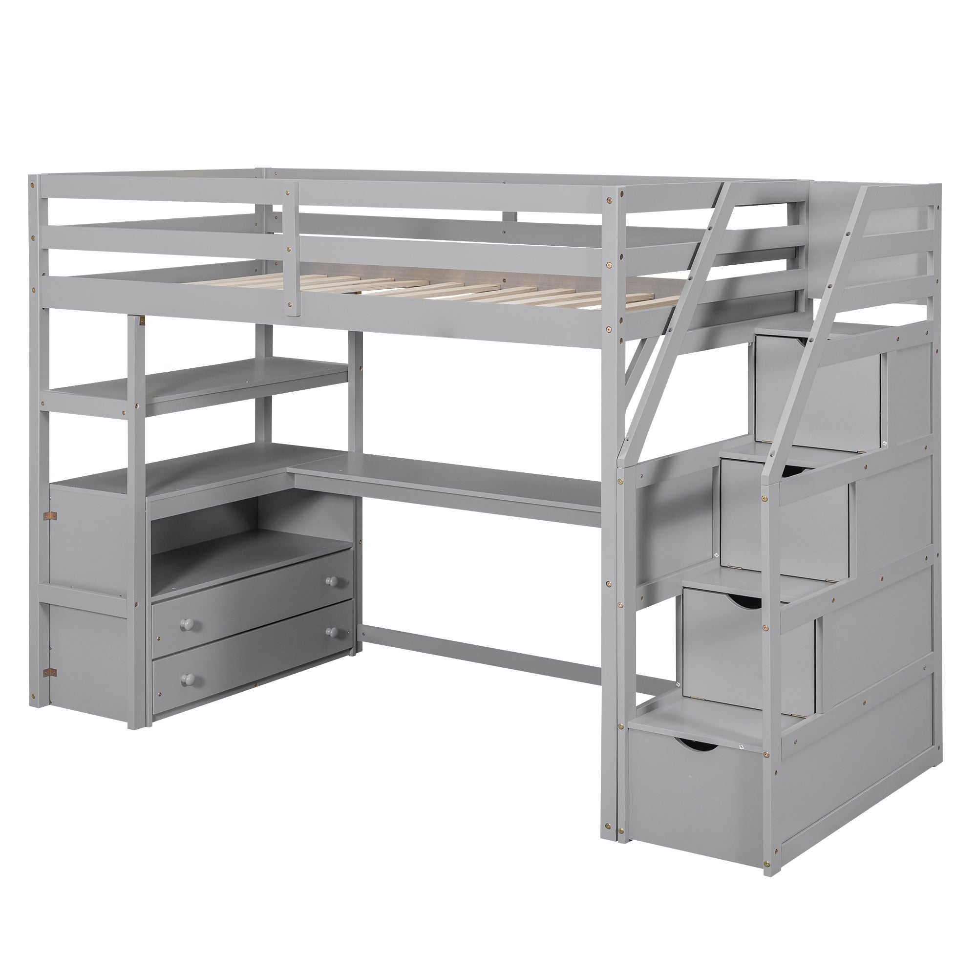 Twin Size Loft Bed with Desk and Shelves, Two Built-in Drawers, Storage Staircase, Gray - Atlantic Fine Furniture Melbourne FL