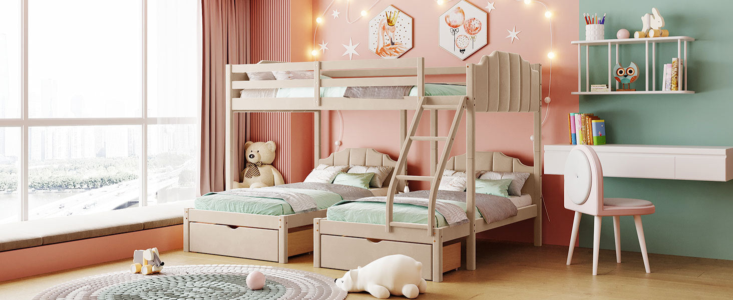 Full Over Twin & Twin Bunk Bed, Velvet Triple Bunk Bed with Drawers and Guardrails, Beige - Atlantic Fine Furniture Melbourne FL
