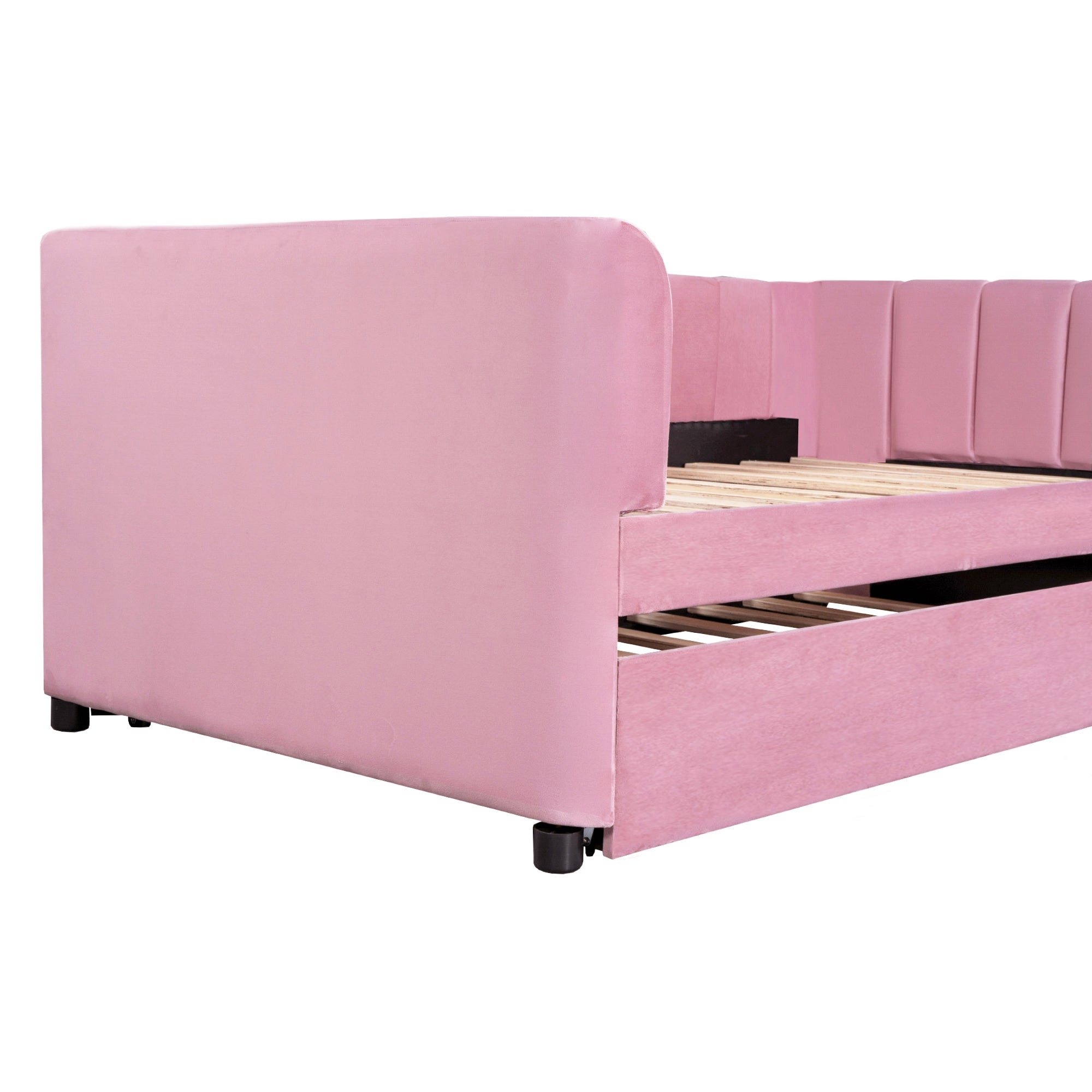 Twin Size Upholstered Daybed with Ergonomic Design Backrest and Trundle, Pink - Atlantic Fine Furniture Melbourne FL