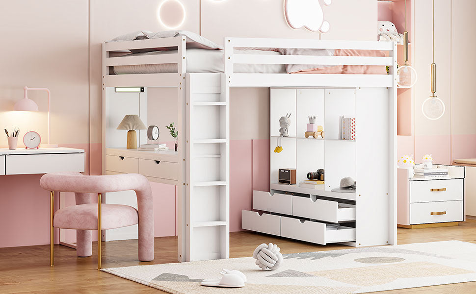 Full Size Loft Bed with large shelves, writing desk and LED Light, White - Atlantic Fine Furniture Melbourne FL