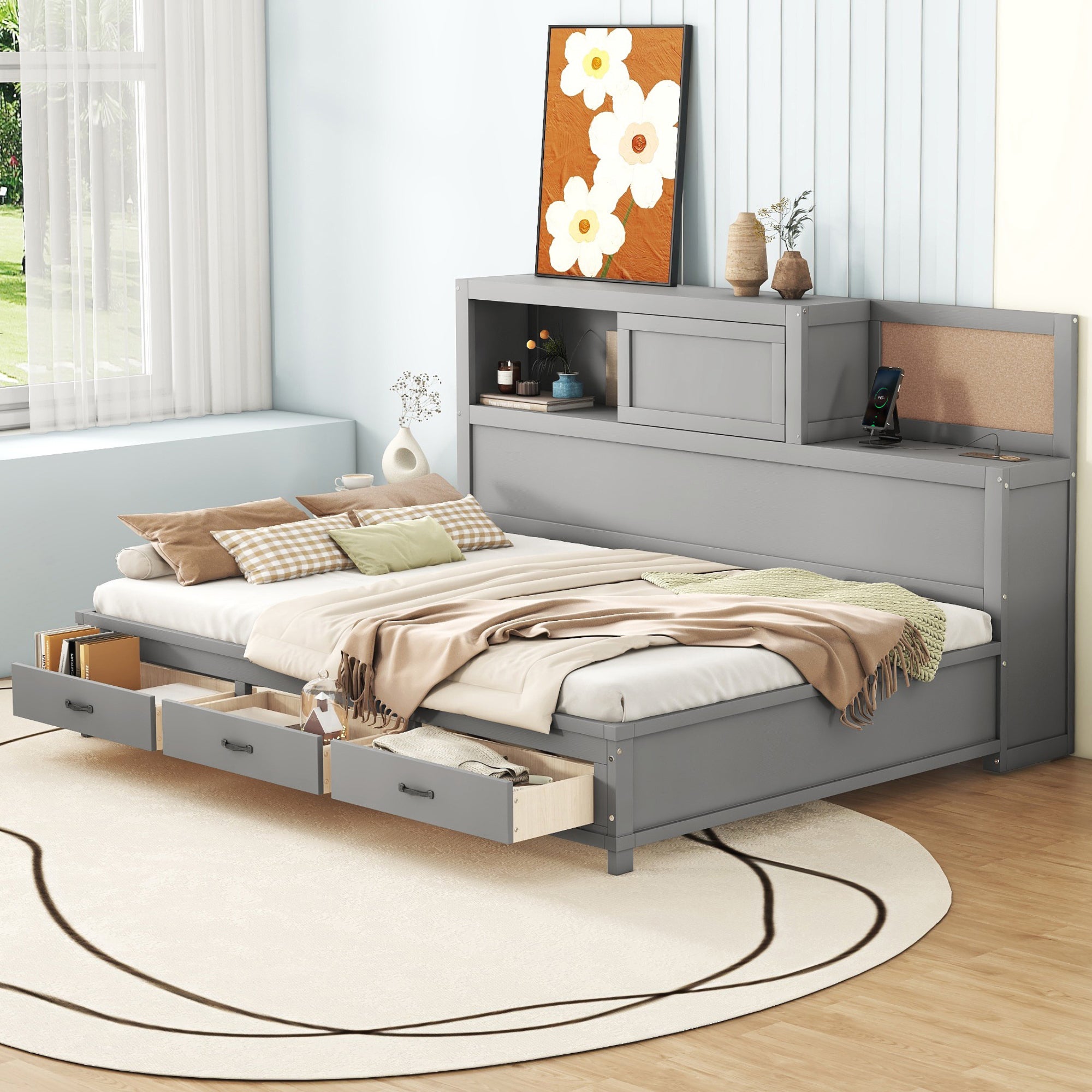 Full Size Wooden Daybed with 3 Storage Drawers, Upper Soft Board, shelf, and a set of Sockets and USB Ports, Gray - Atlantic Fine Furniture Melbourne FL