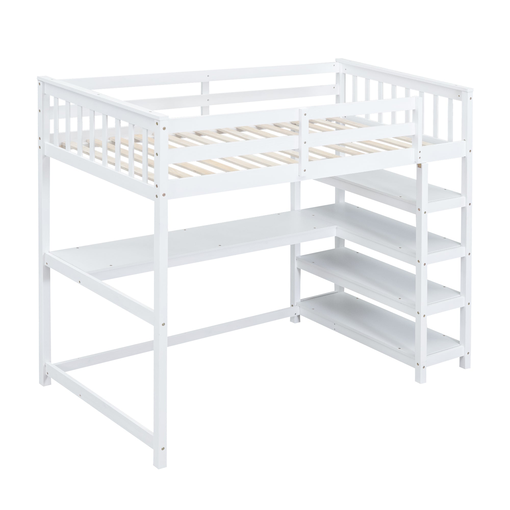 Twin Size Loft Bed with Storage Shelves and Under-bed Desk, White