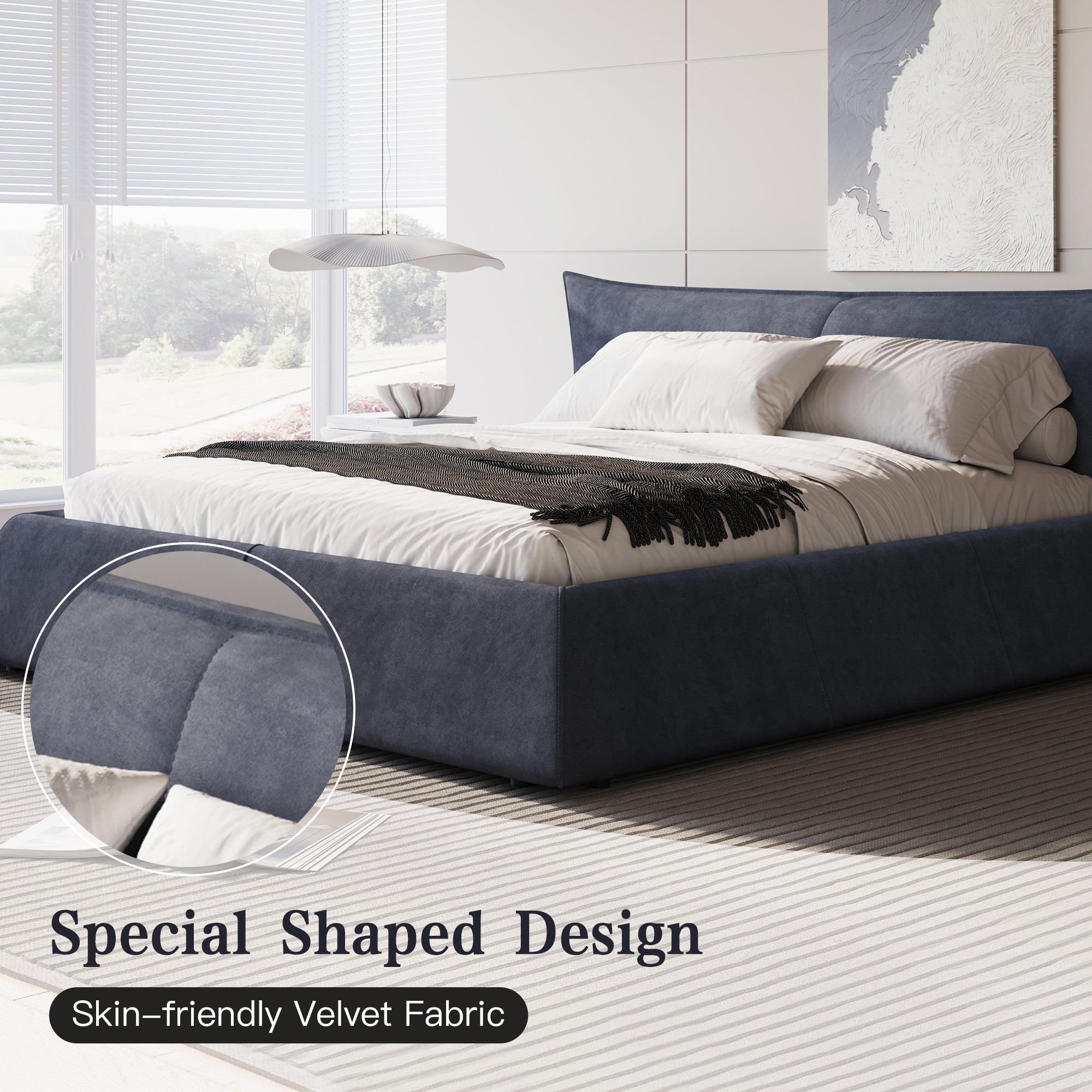 King Size Upholstered Platform Bed with Special Shaped Velvet Headboard, Metal & Solid Wood Frame,Grey