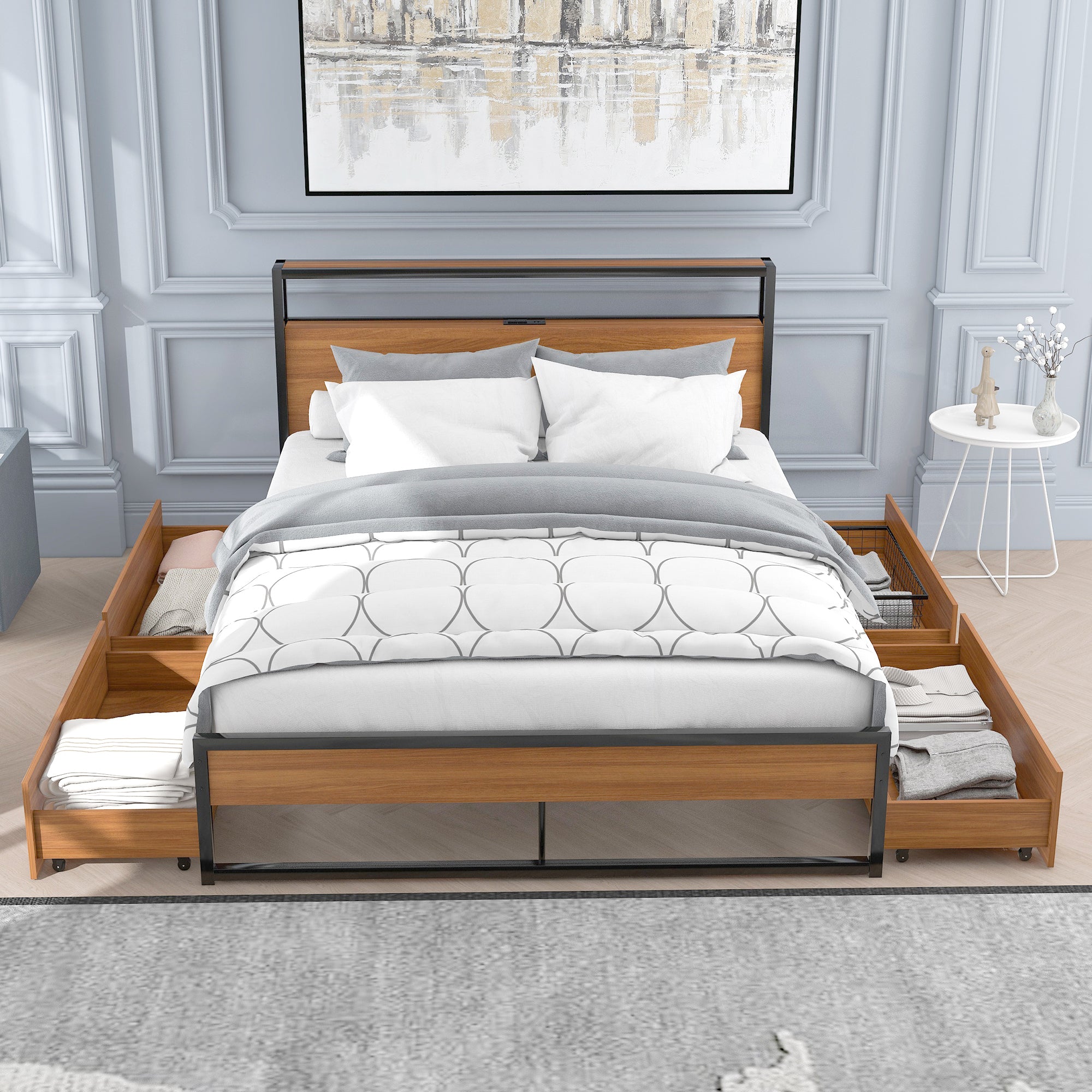 Full Size Metal Platform Bed Frame with Four Drawers,Sockets and USB Ports ,Slat Support No Box Spring Needed Black - Atlantic Fine Furniture Melbourne FL