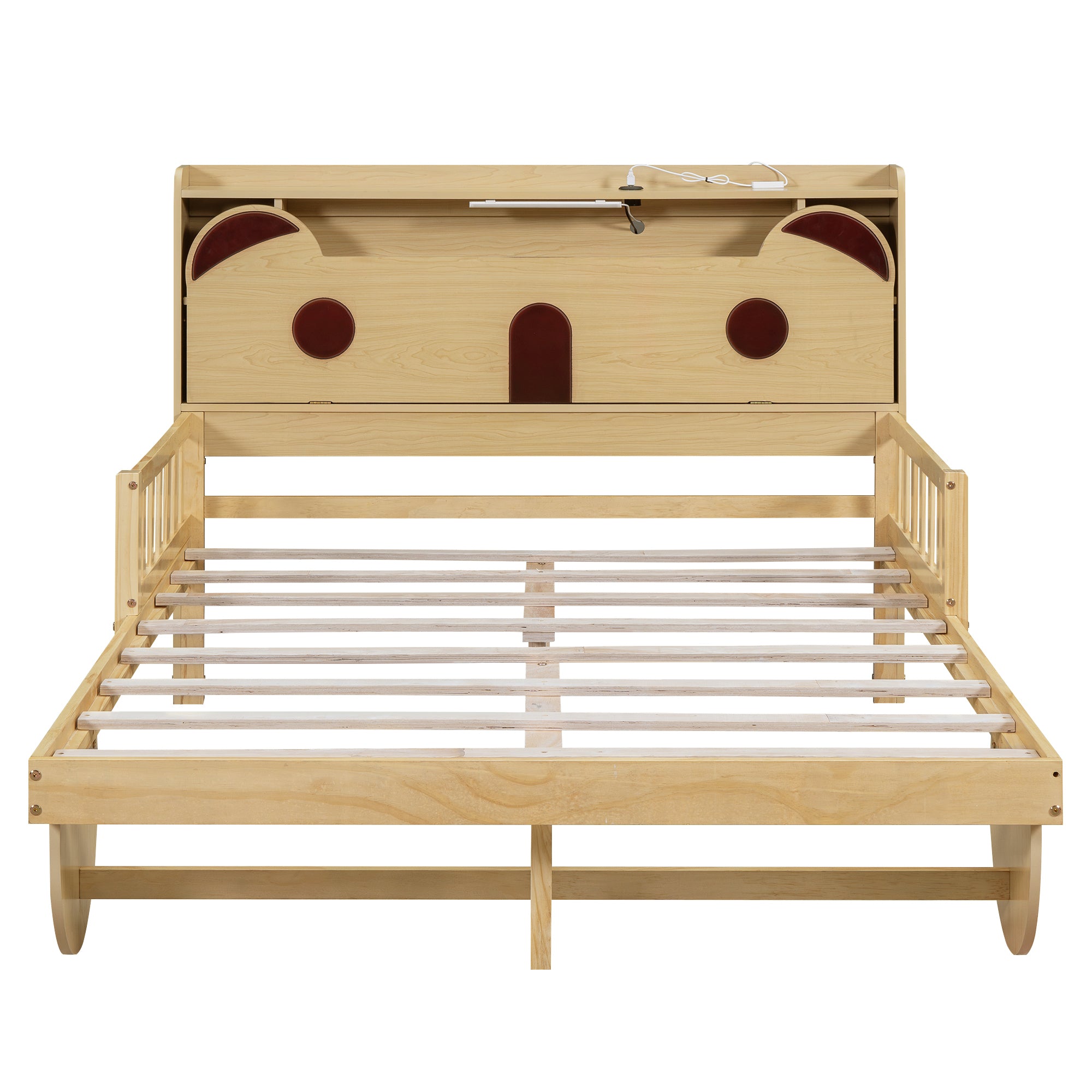 Full Size Car Bed with Bear-Shaped Headboard, USB and LED, Natural - Atlantic Fine Furniture Melbourne FL