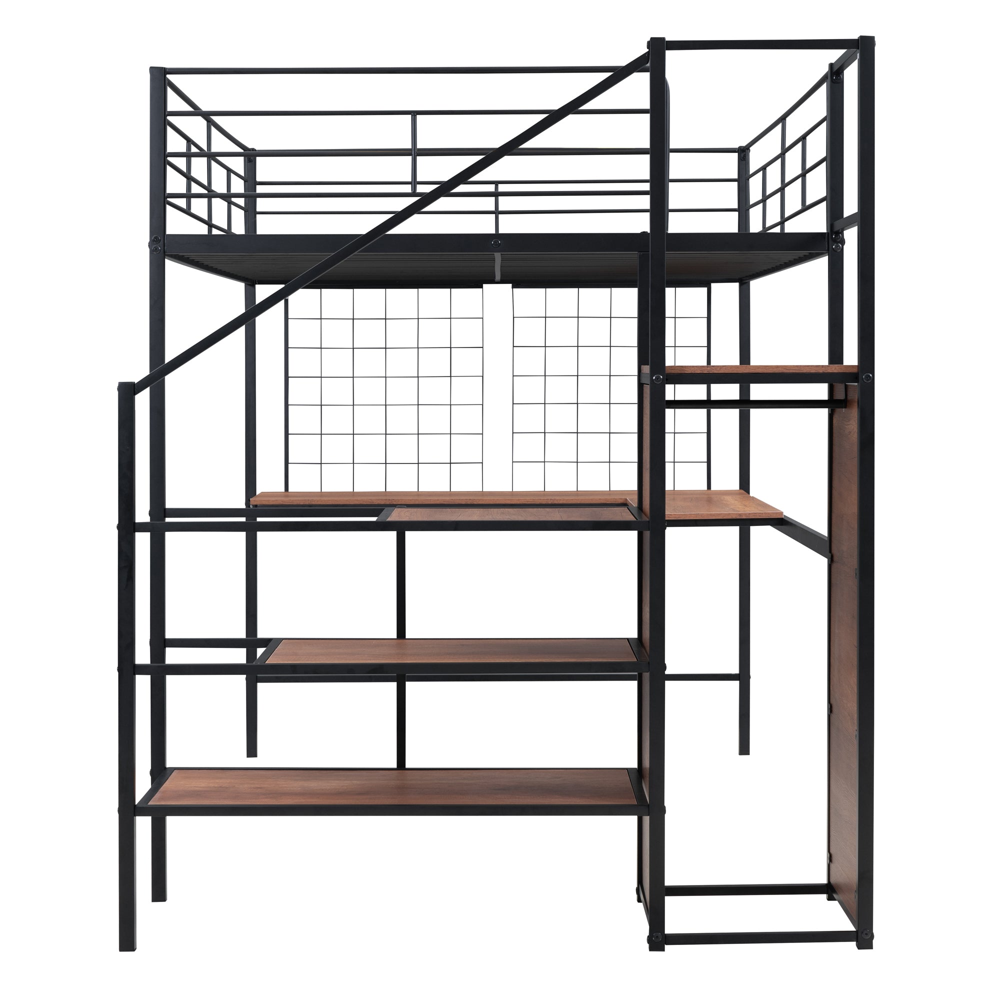 Full Size Metal Loft Bed with Desk and Metal Grid, Stylish Metal Frame Bed with Lateral Storage Ladder and Wardrobe, Black