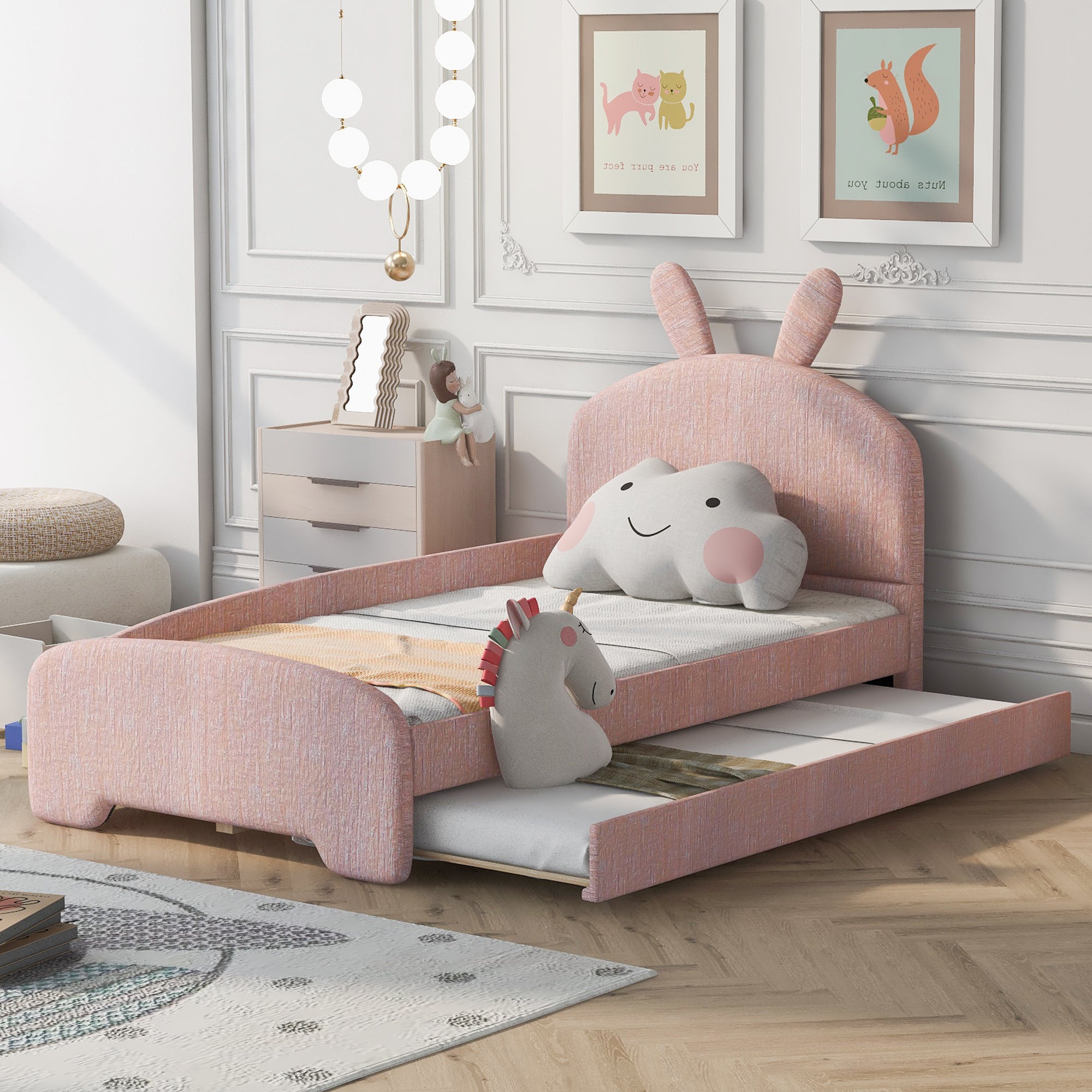 Twin Size Upholstered Platform Bed with Cartoon Ears Shaped Headboard and Trundle, Pink - Atlantic Fine Furniture Melbourne FL