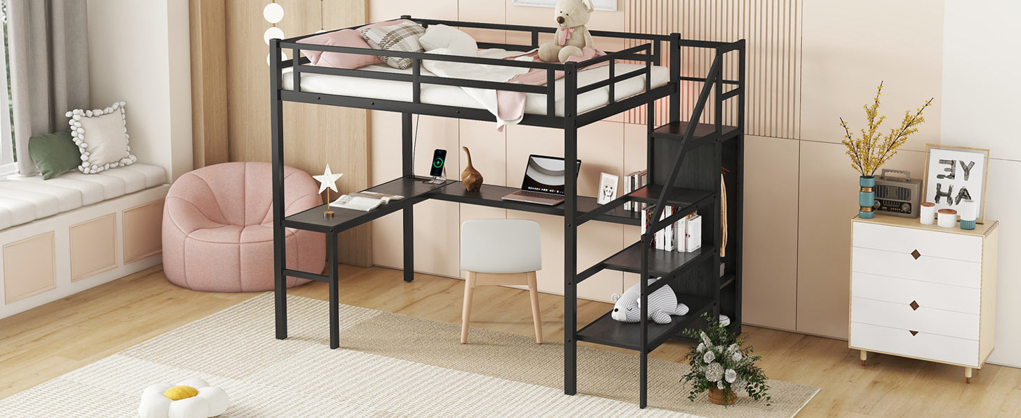 Full XL Size Loft Bed with L-shaped Desk and USB, Metal Loft Bed with Wardrobe and Adjustable Shelf, High Loft Bed with LED for Kids Teens Adults, Black