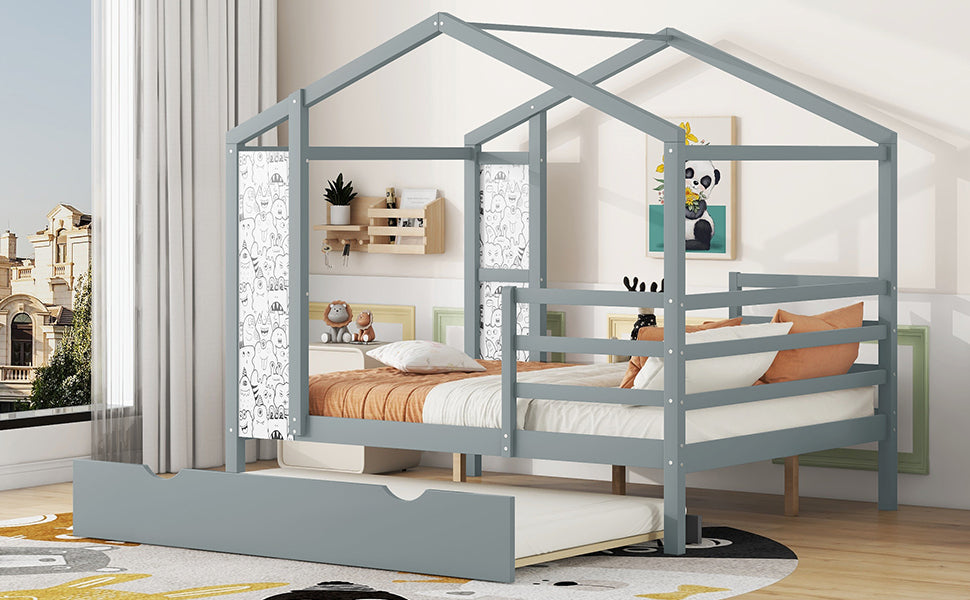Full Size Wood House Bed with Fence and Writing Board, Gray - Atlantic Fine Furniture Melbourne FL