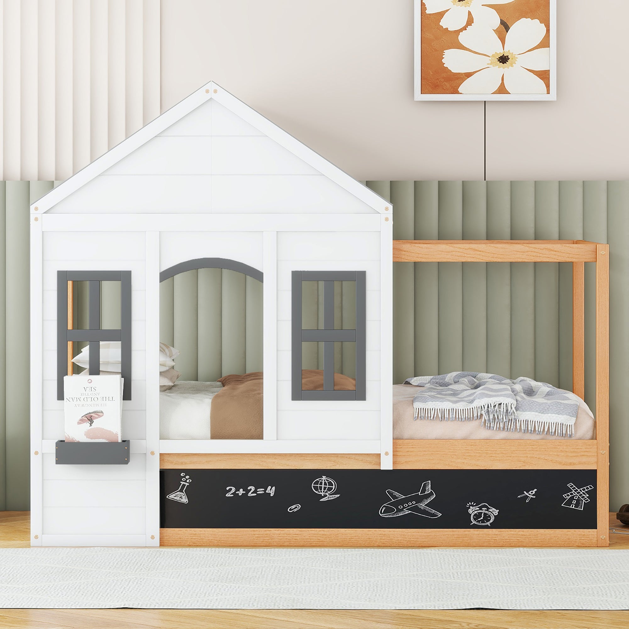 Twin Size House Shaped Canopy Bed with Black Roof and White Window,Blackboard and Little Shelf, White(Old SKU: WF294051AAK) - Atlantic Fine Furniture Melbourne FL