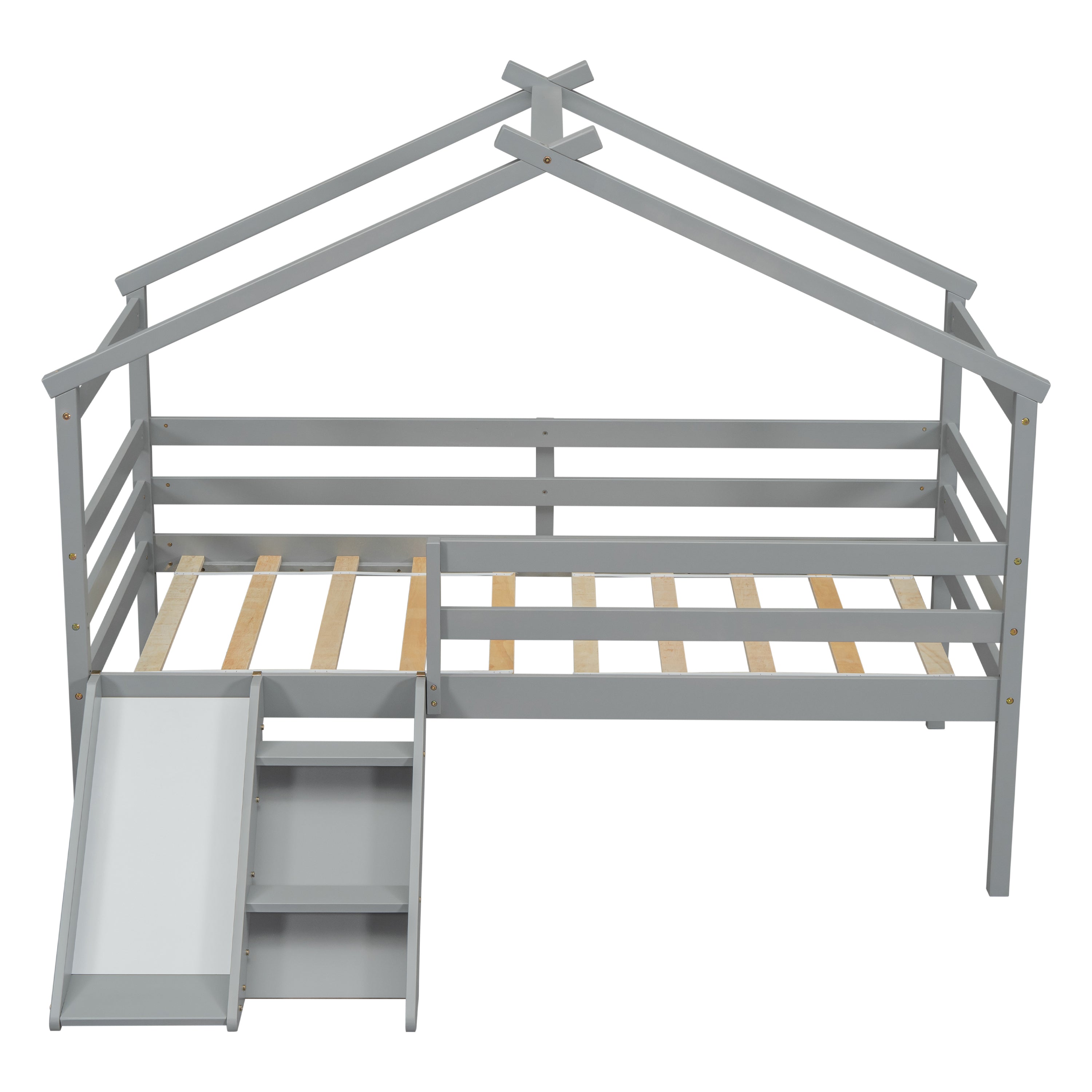 Twin Low Loft House Bed with Slide, Ladder, Safety Guardrails, House Roof Frame,Grey