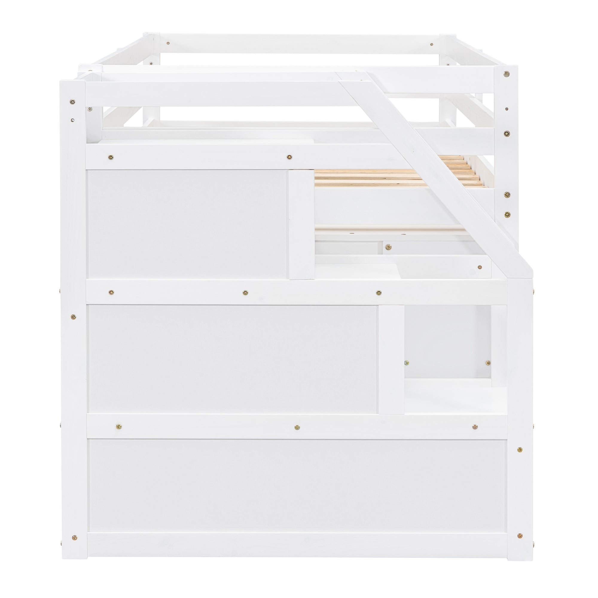 Twin Size Loft Bed with Retractable Writing Desk and 3 Drawers, Wooden Loft Bed with Storage Stairs and Shelves, White - Atlantic Fine Furniture Melbourne FL