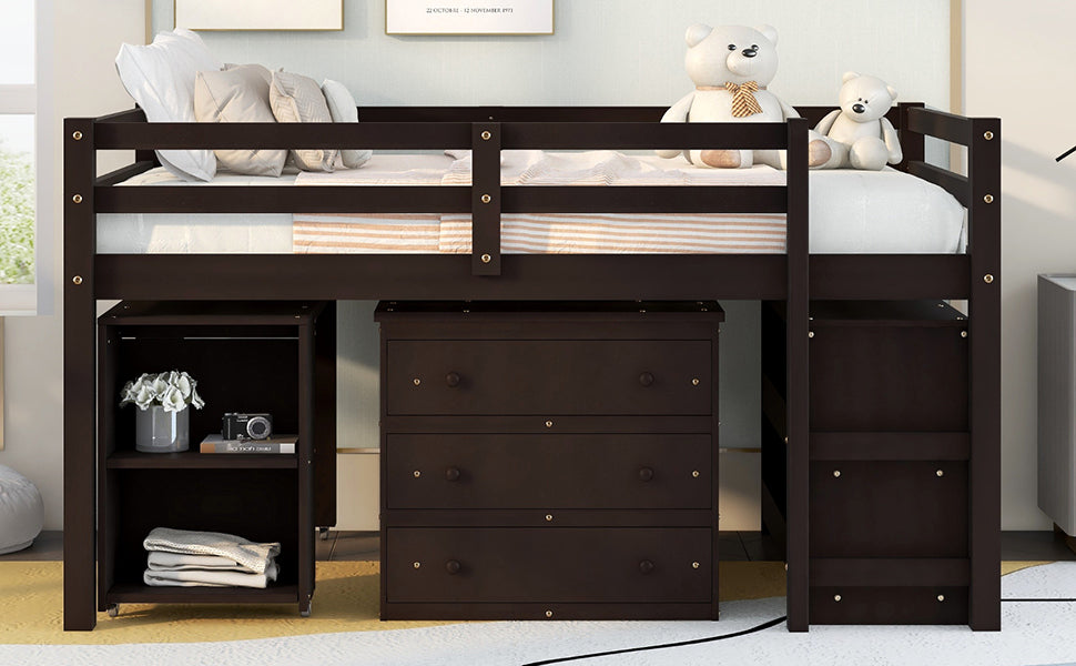 Low Study Full Loft Bed with Cabinet ,Shelves and Rolling Portable Desk ,Multiple Functions Bed- Espresso - Atlantic Fine Furniture Melbourne FL