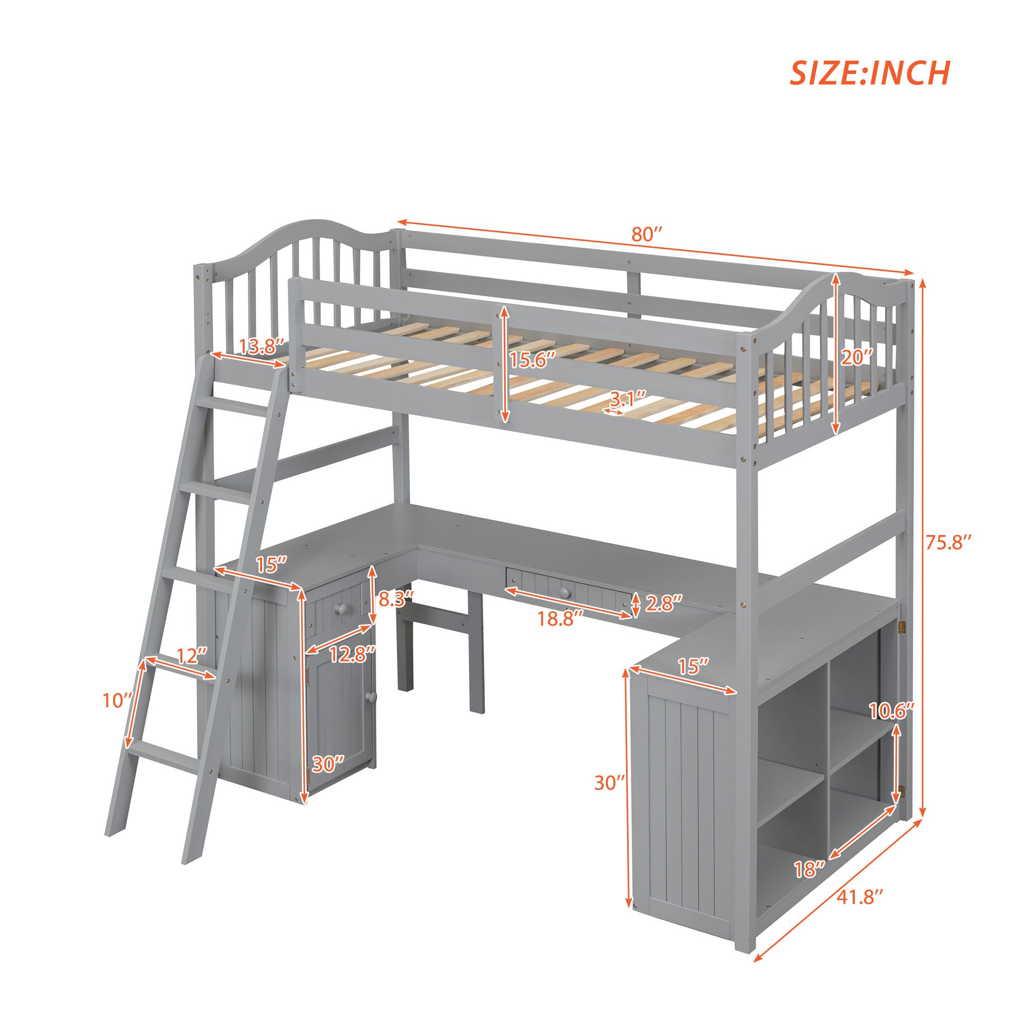 Twin size Loft Bed with Drawers, Cabinet, Shelves and Desk, Wooden Loft Bed with Desk - Gray(OLD SKU :LT000505AAE) - Atlantic Fine Furniture Melbourne FL