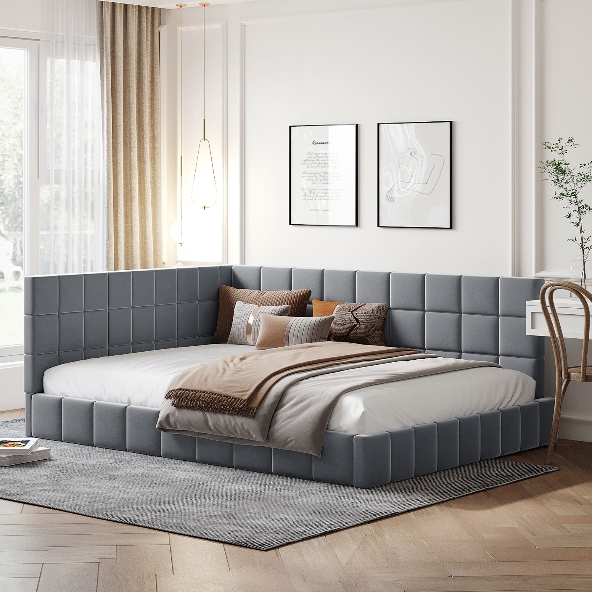 Full Size Upholstered Daybed/Sofa Bed Frame-Gray, Velvet