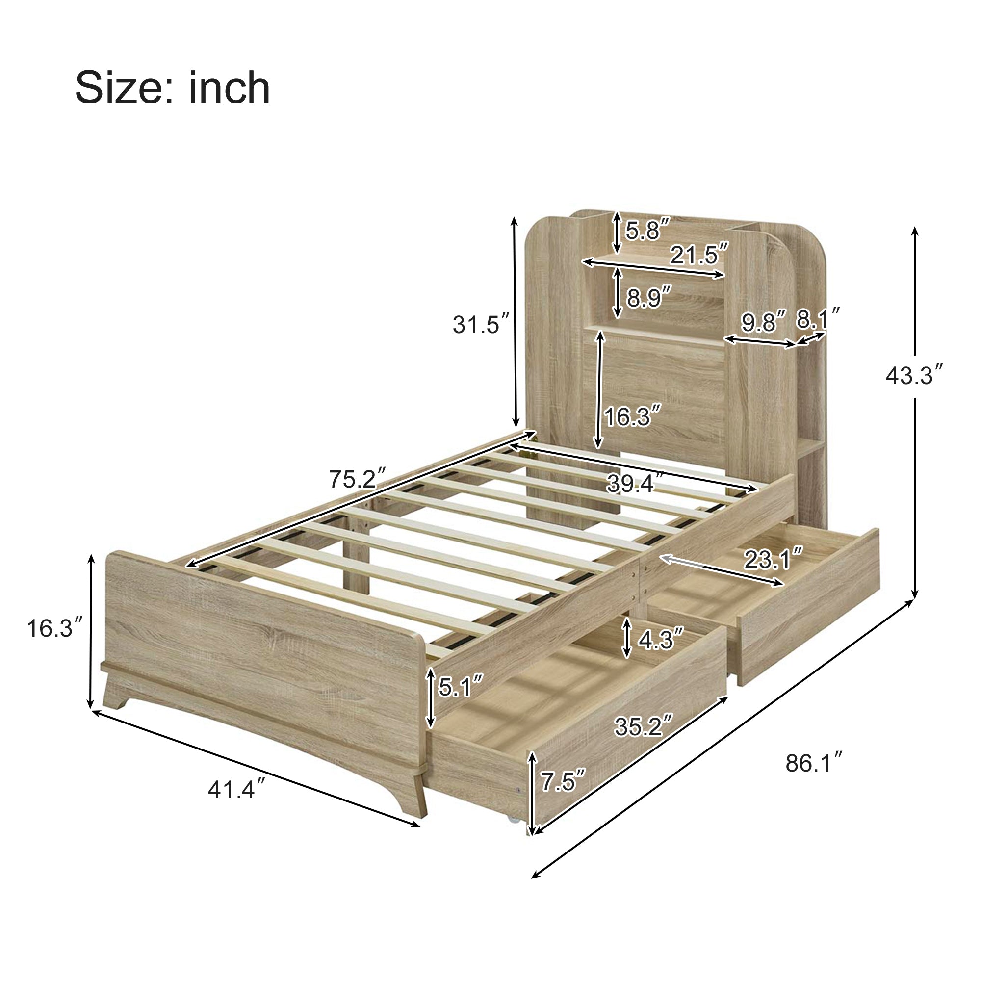 Twin Size Storage Platform Bed Frame with with Two Drawers and Light Strip Design in Headboard,Natural - Atlantic Fine Furniture Melbourne FL