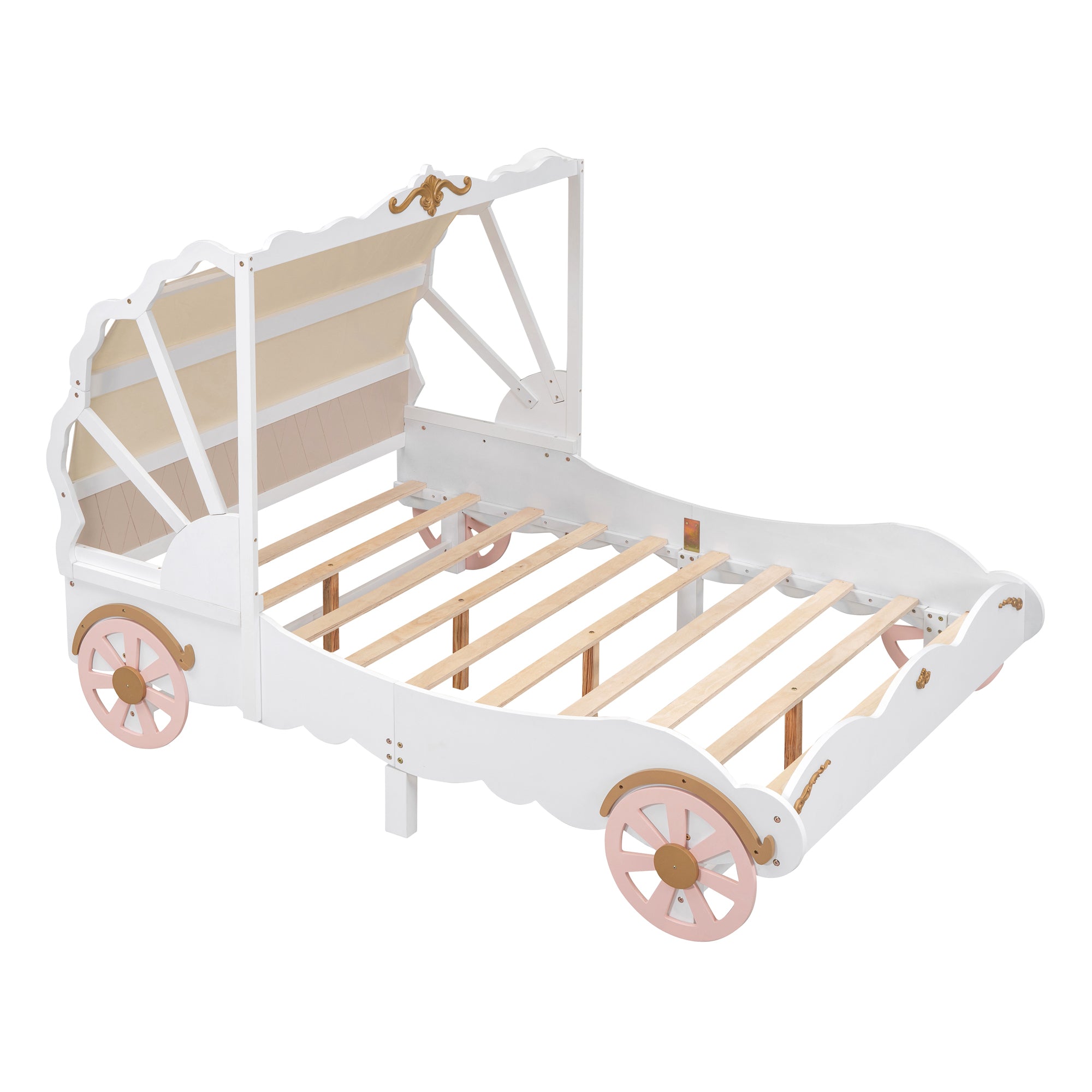 Full Size Princess Carriage Bed with Canopy, Wood Platform Car Bed with 3D Carving Pattern, White+Pink+Gold - Atlantic Fine Furniture Melbourne FL