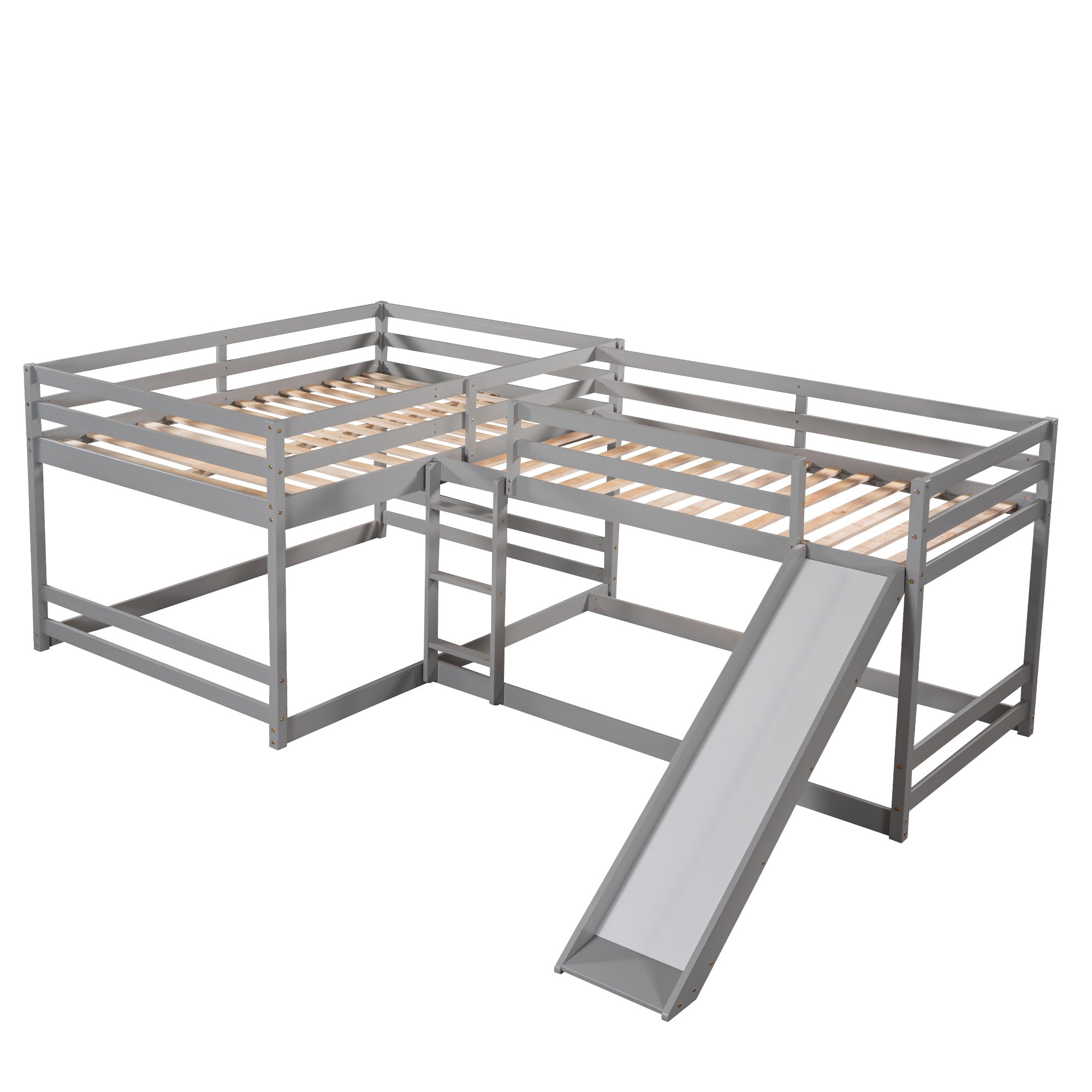 Full and Twin Size L-Shaped Bunk Bed with Slide and Short Ladder,Gray - Atlantic Fine Furniture Melbourne FL