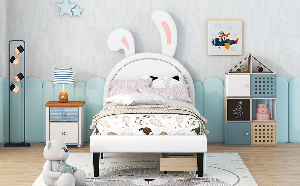 Twin Size Upholstered Leather Platform Bed with Rabbit Ornament and 2 Drawers, White - Atlantic Fine Furniture Melbourne FL