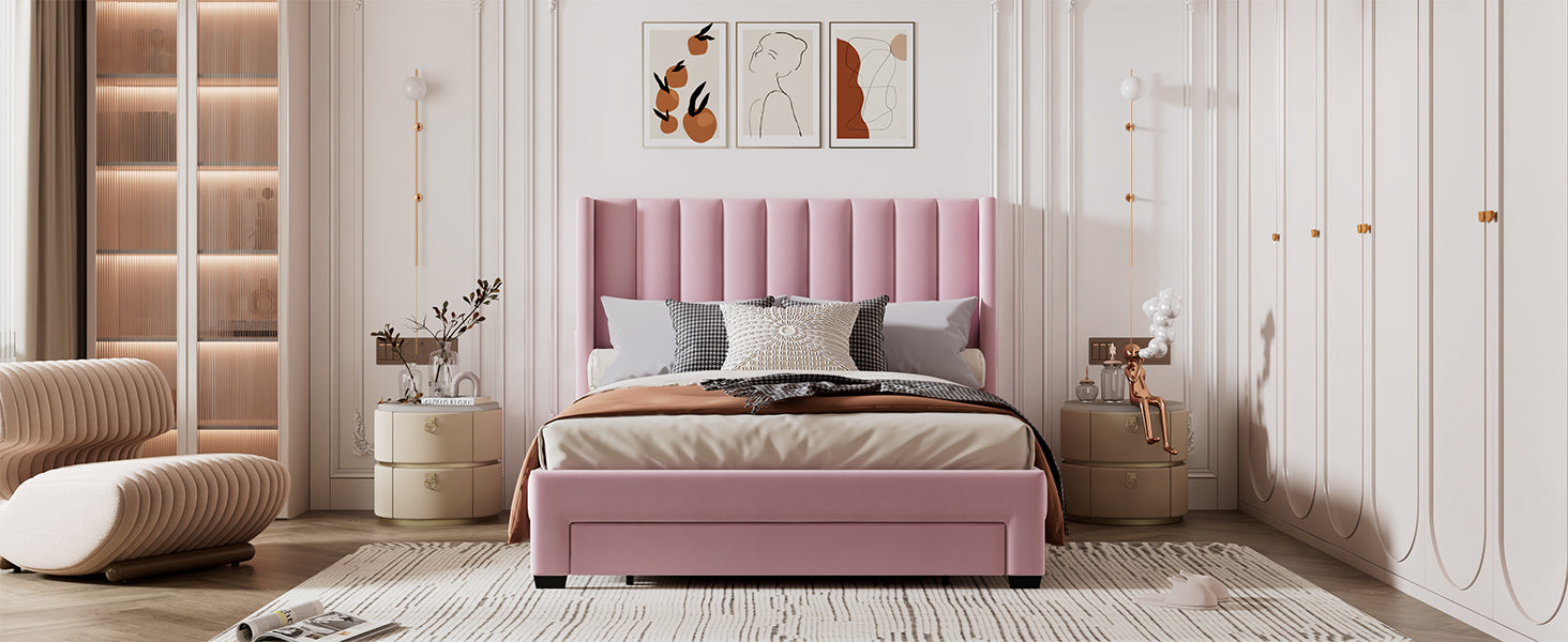 Queen Size Storage Bed Velvet Upholstered Platform Bed with a Big Drawer - Pink - Atlantic Fine Furniture Melbourne FL