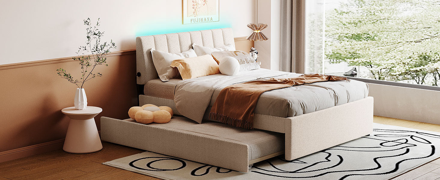 Teddy Fleece Full Size Upholstered Platform Bed with Trundle, Beige - Atlantic Fine Furniture Melbourne FL