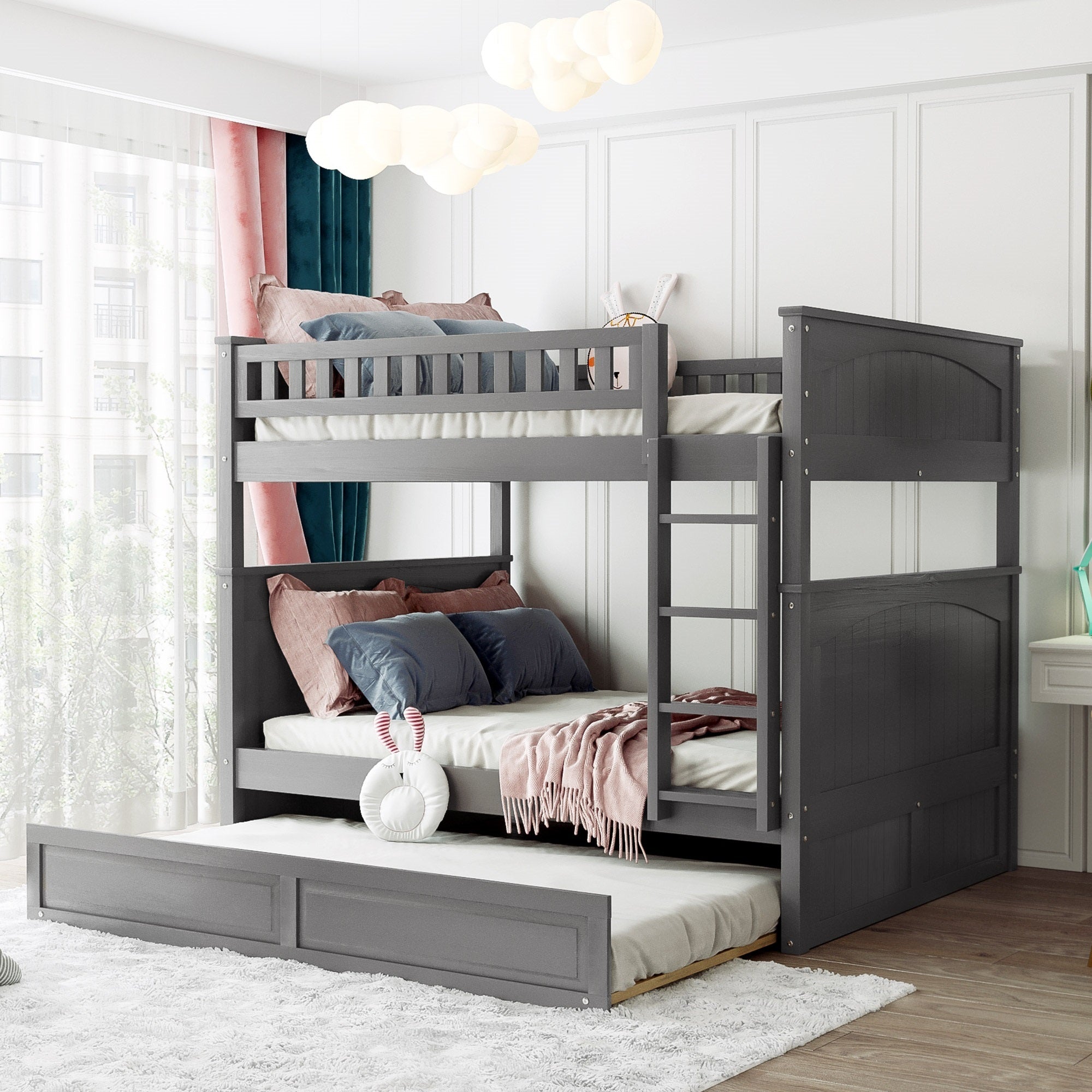 Full Over Full Bunk Bed with Twin Size Trundle, Pine Wood Bunk Bed with Guardrails, Brushed Gray(Old SKU:LP000044AAN)