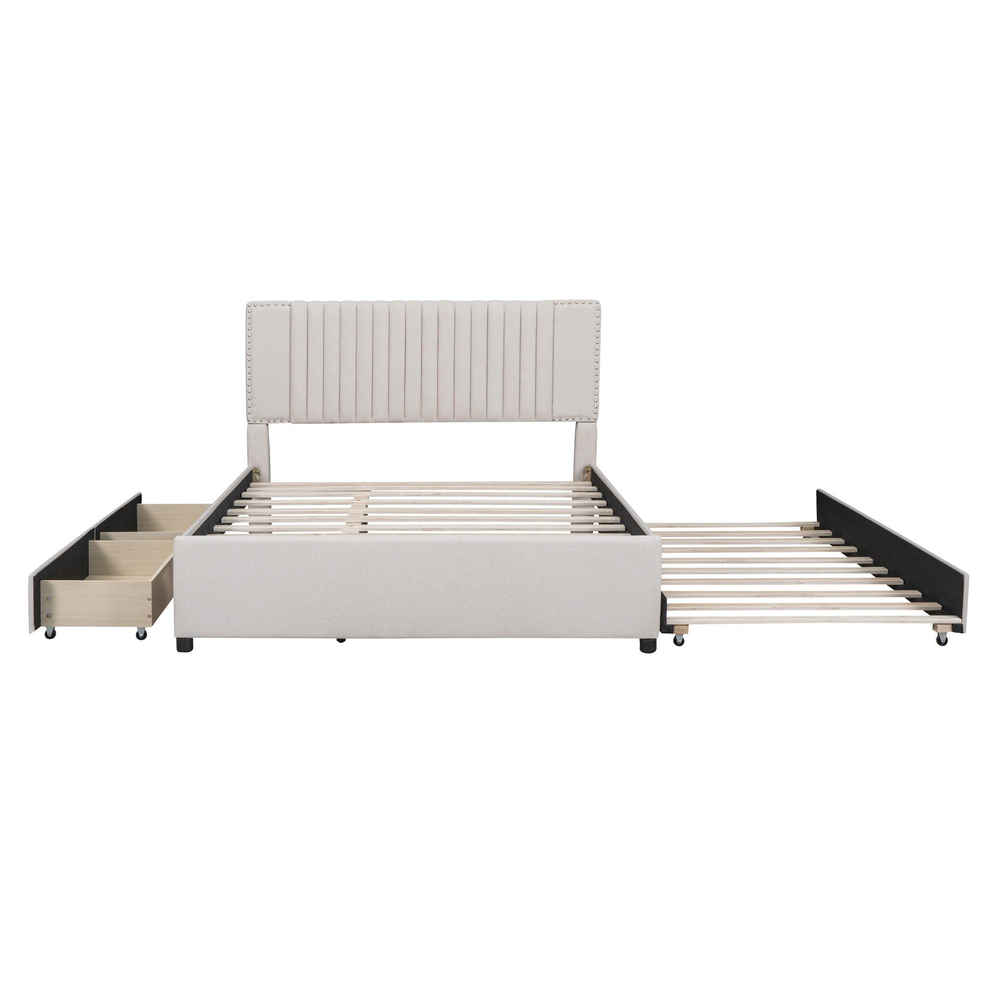 Queen Size Upholstered Platform Bed with 2 Drawers and 1 Twin XL Trundle, Classic Headboard Design, Beige - Atlantic Fine Furniture Melbourne FL