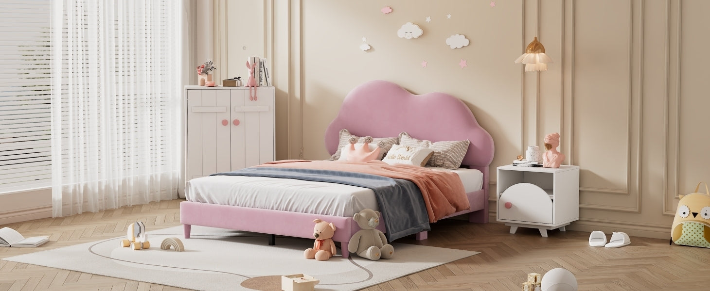 Full size Upholstered Cloud-Shape Bed ,Velvet Platform Bed with Headboard,No Box-spring Needed,Pink - Atlantic Fine Furniture Melbourne FL