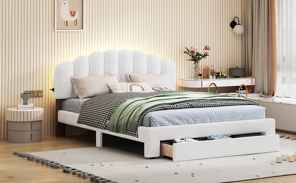 Teddy Fleece Queen Size Upholstered Platform Bed with Drawer, White - Atlantic Fine Furniture Melbourne FL