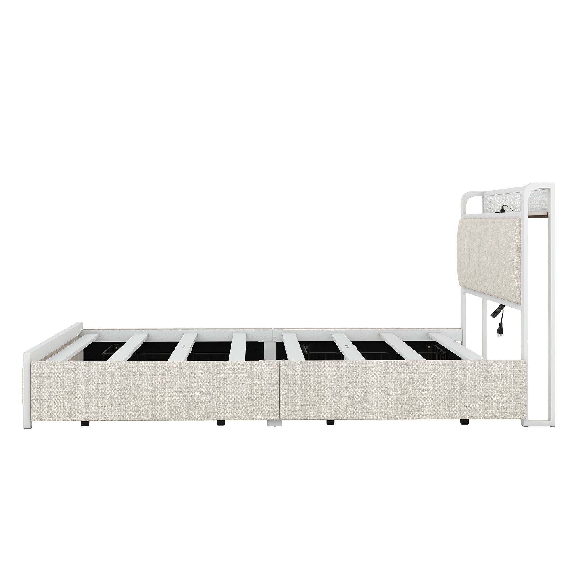 Queen Bed Frame with LED Headboard, Upholstered Bed with 4 Storage Drawers and USB Ports, Beige - Atlantic Fine Furniture Melbourne FL