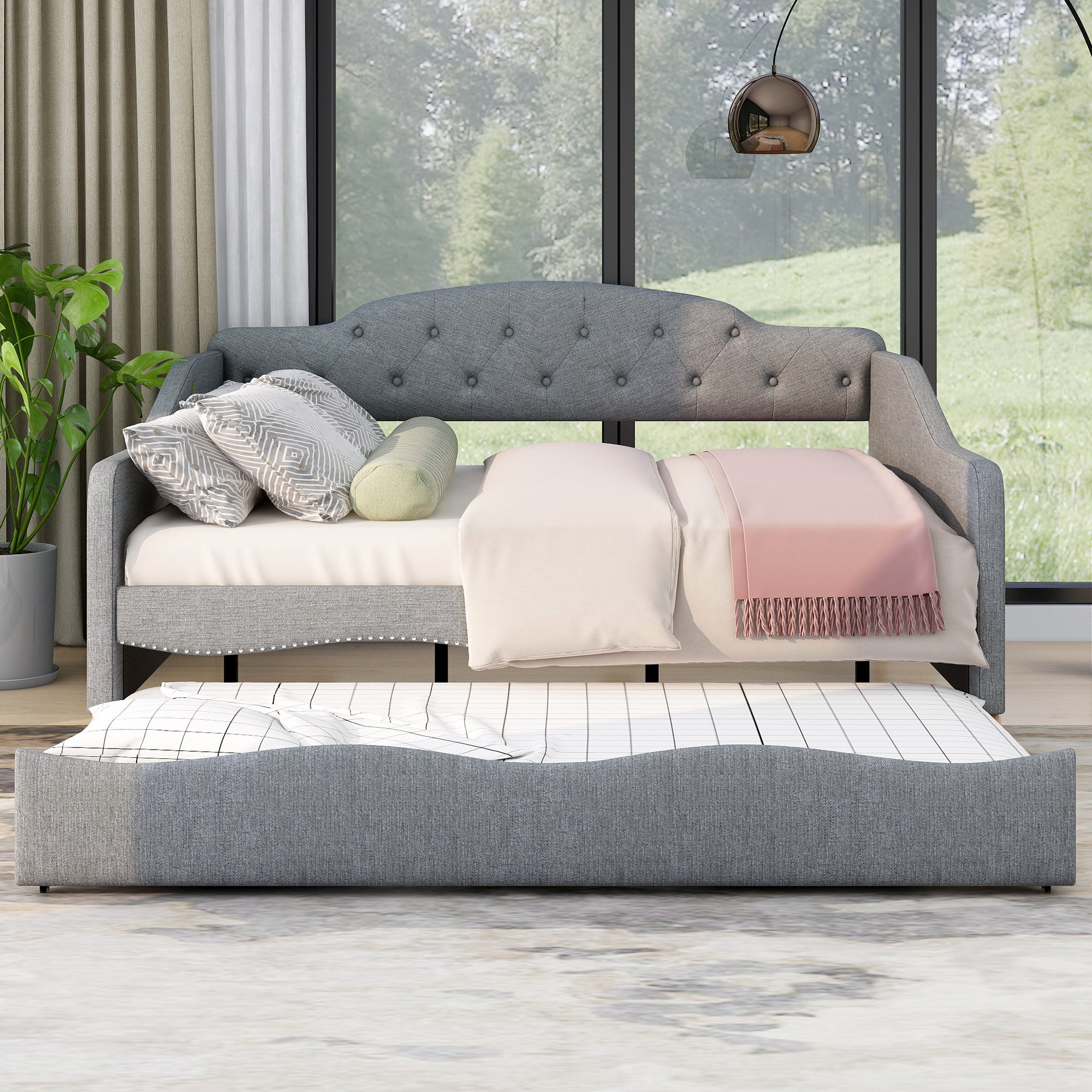 Full Size Vintage Upholstery Daybed with Trundle,Gray - Atlantic Fine Furniture Melbourne FL