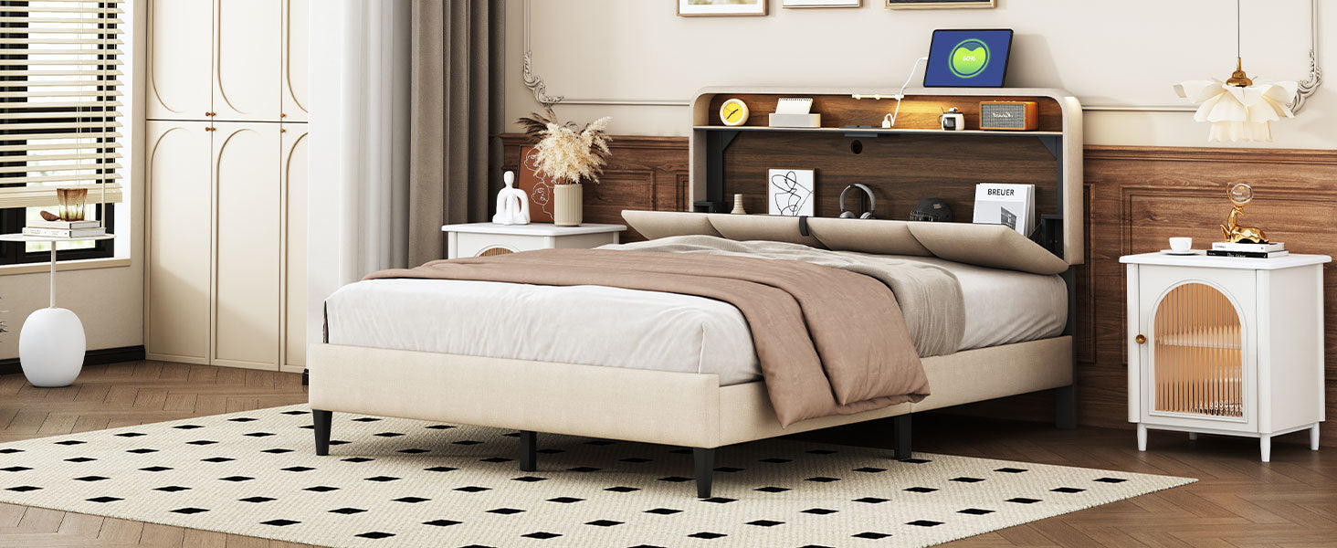 Full size Upholstered Platform Bed with Storage Headboard, Sensor Light and a set of Sockets and USB Ports, Linen Fabric, Beige