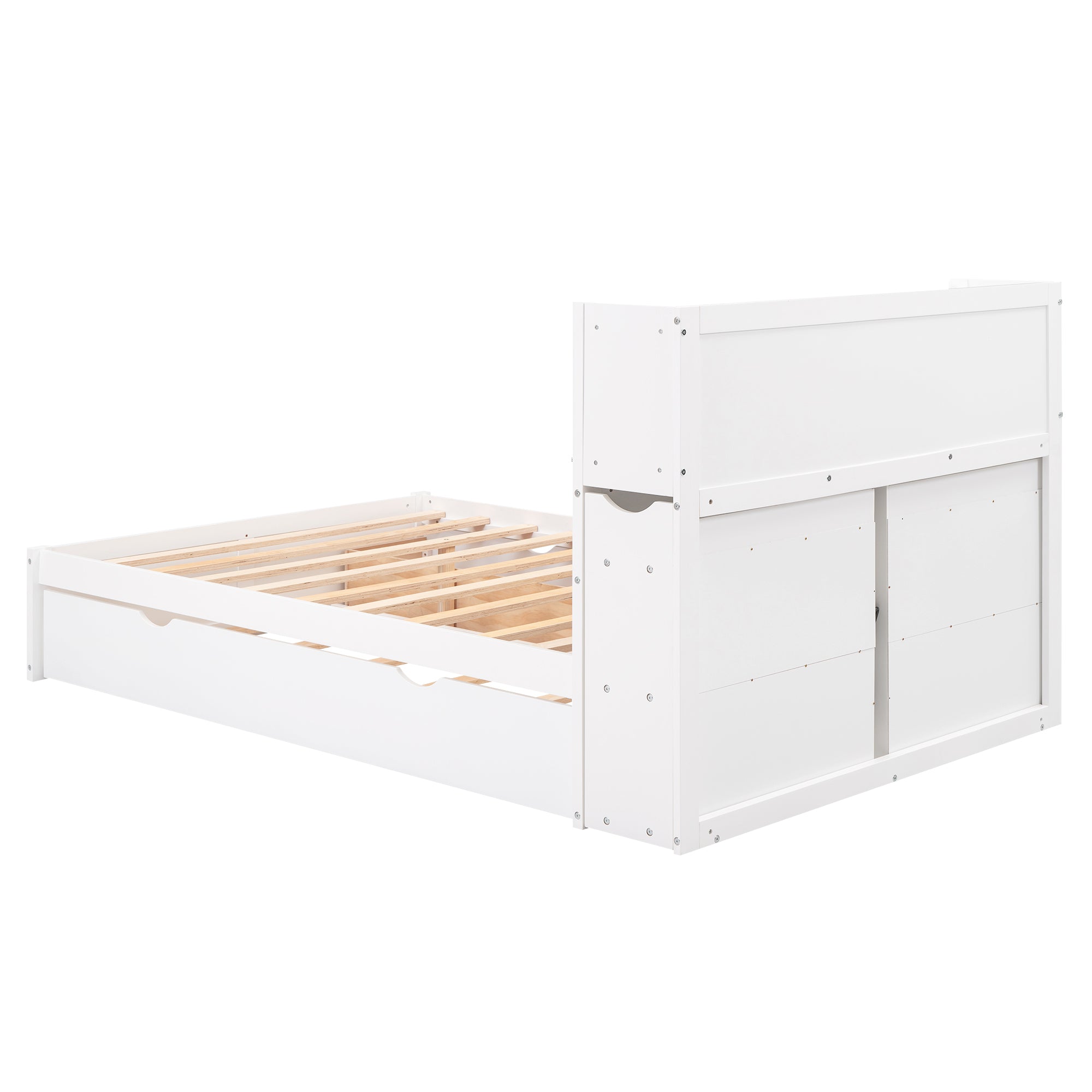 Full Size Storage Platform Bed with Pull Out Shelves, Twin Size Trundle and 2 Drawers, White - Atlantic Fine Furniture Melbourne FL