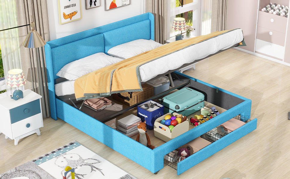 Queen Size Storage Upholstered Hydraulic Platform Bed with 2 Drawers, Blue - Atlantic Fine Furniture Melbourne FL