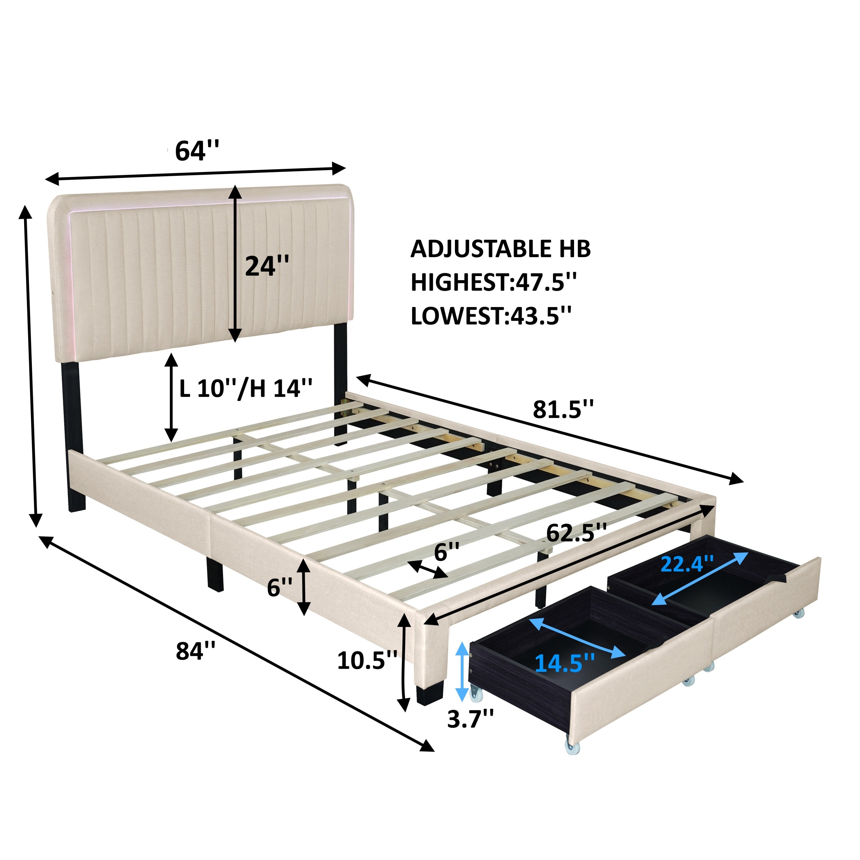 QUEEN SIZE UPHOLSTERED BED WITH ADJUSTABLE HEIGHT / MATTRESS 10 TO 14 INCHES / LED DESIGN WITH FOOTBOARD DRAWERS STORAGE / NO BOX SPRING REQUIRED BEIGE - Atlantic Fine Furniture Melbourne FL