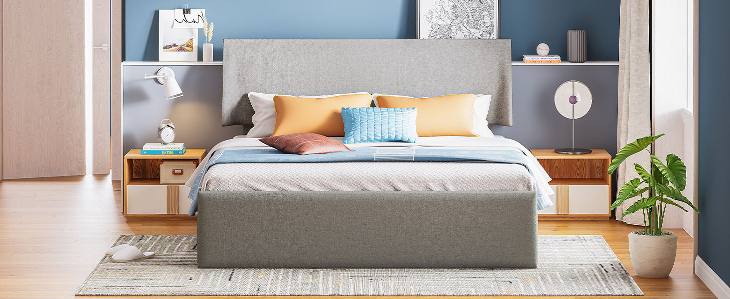 Queen Size Sleigh Bed with Side-Tilt Hydraulic Storage System, Linen Upholstery, Gray - Atlantic Fine Furniture Melbourne FL