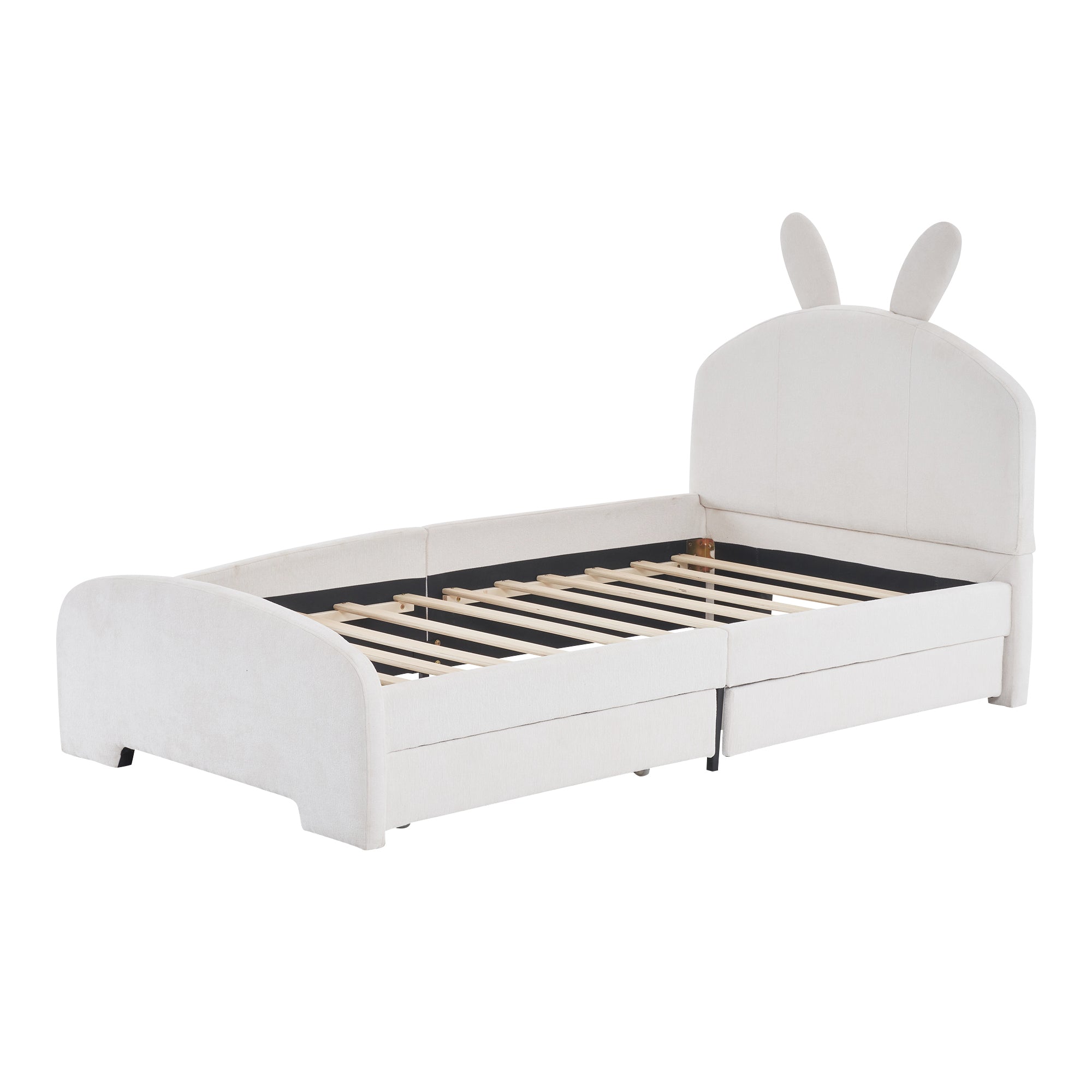 Twin Size Upholstered Platform Bed with Cartoon Ears Shaped Headboard and 2 Drawers, White - Atlantic Fine Furniture Melbourne FL