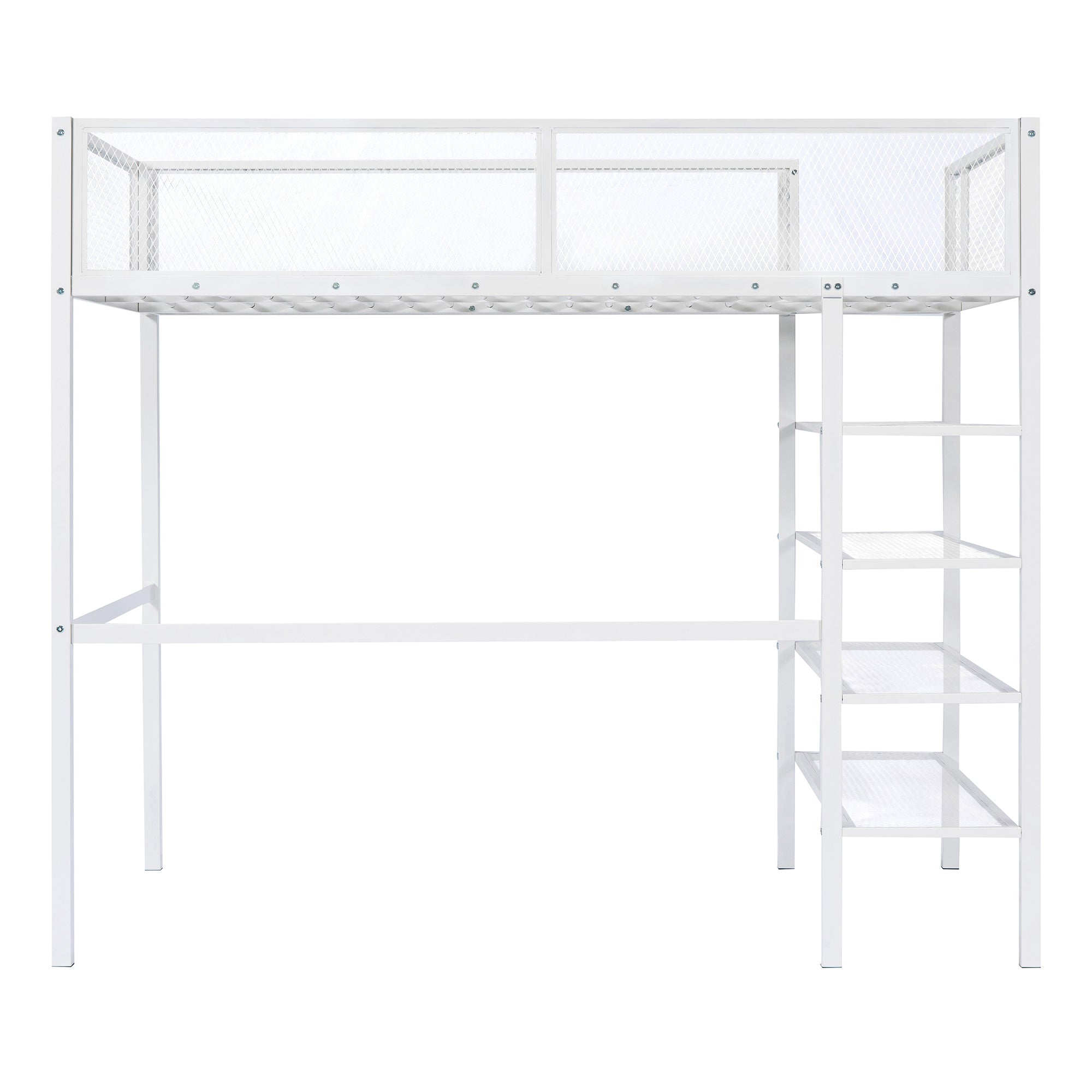 Twin Size Metal Loft Bed with 4-Tier Shelves and Storage, White - Atlantic Fine Furniture Melbourne FL