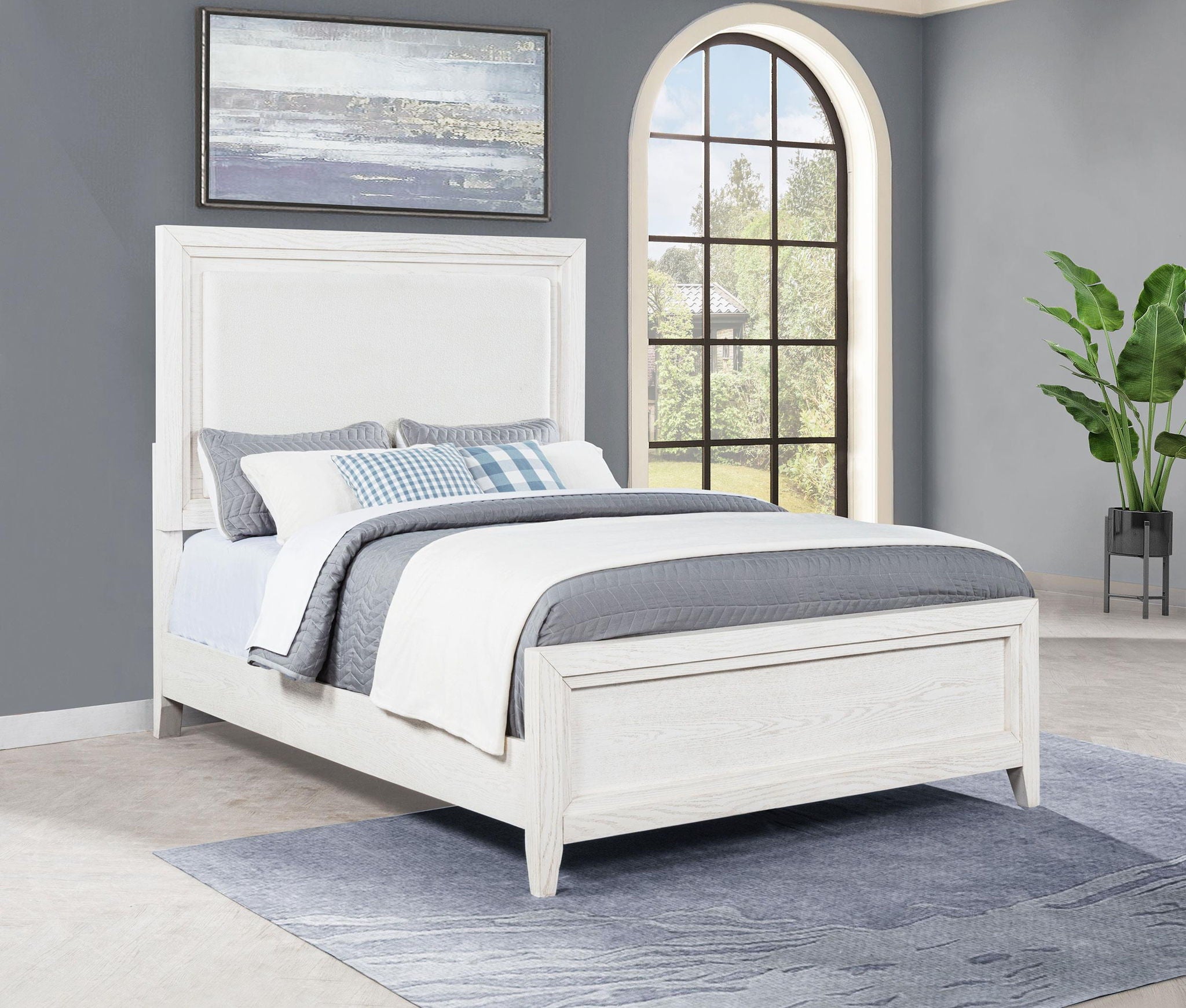 Marielle Queen Upholstered Panel Bed Distressed White