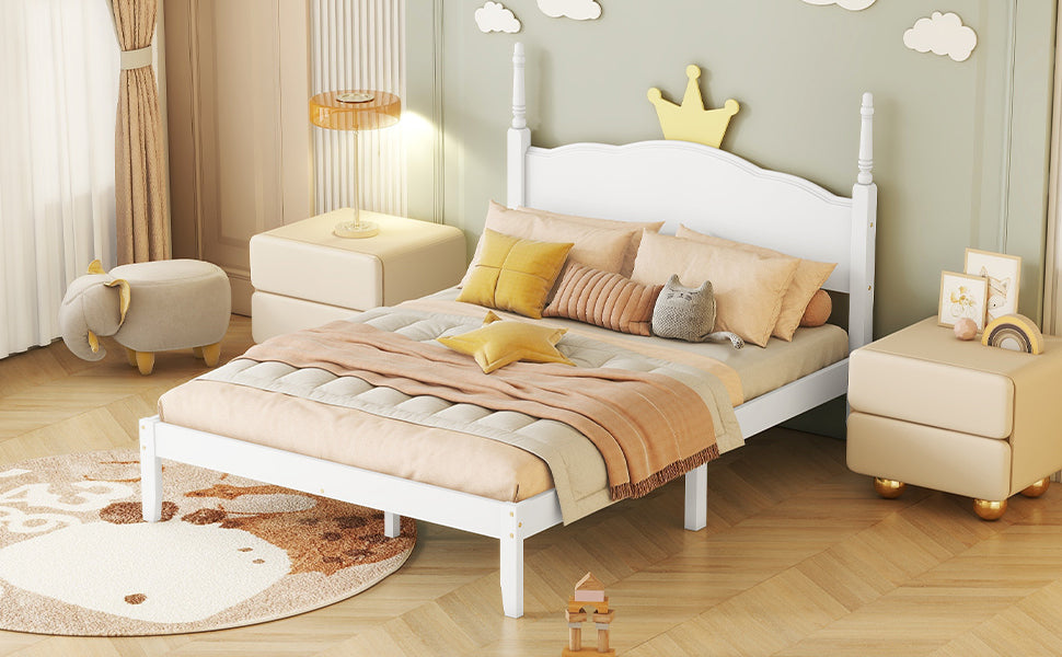 Full Size Wood Platform Bed with Crown Shaped Headboard, White - Atlantic Fine Furniture Melbourne FL